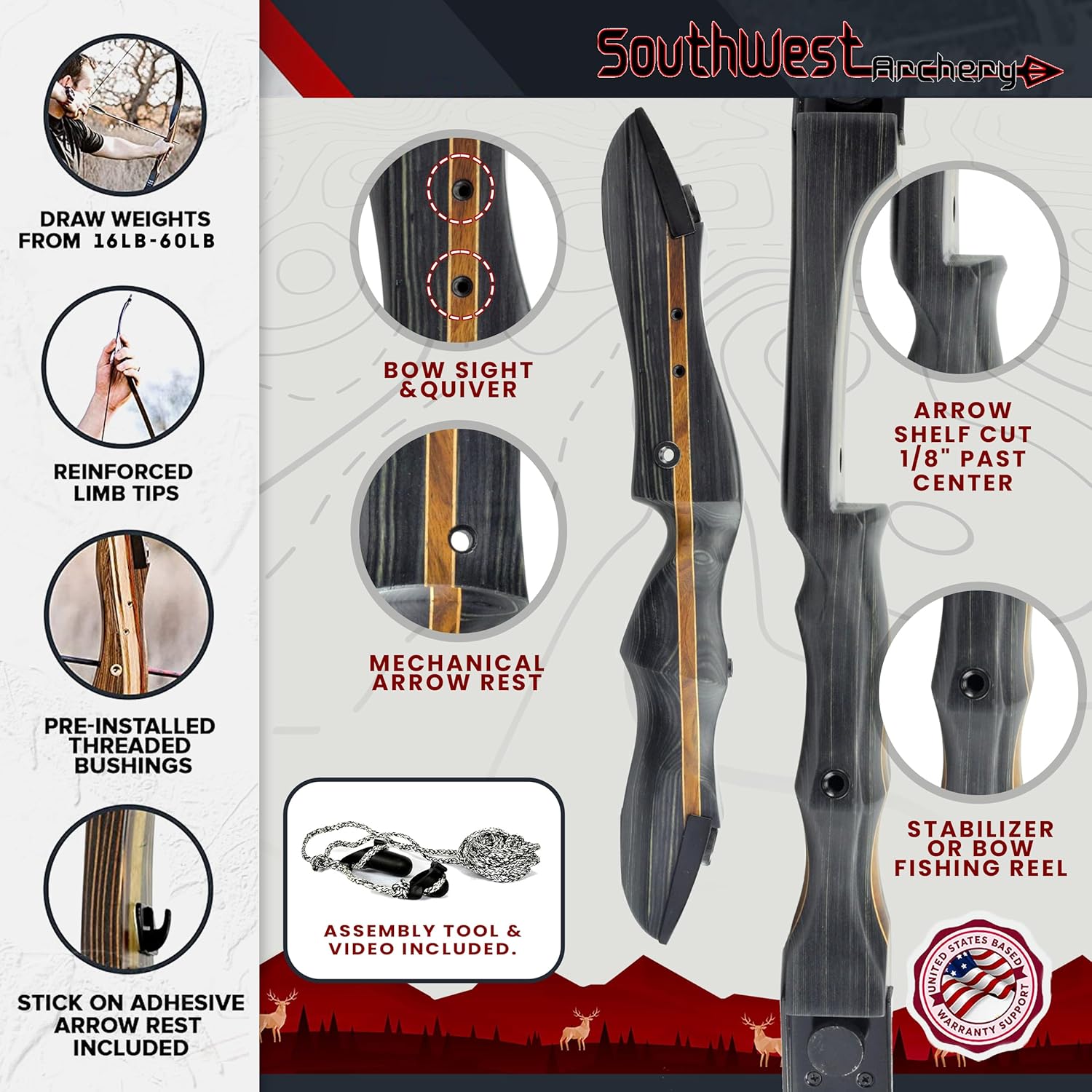 Southwest Archery Ghost Takedown Longbow  64″ Longbow Hunting Bow  Right & Left Hand  Draw Weights in 20-50 lbs  USA Based Company  Perfect for