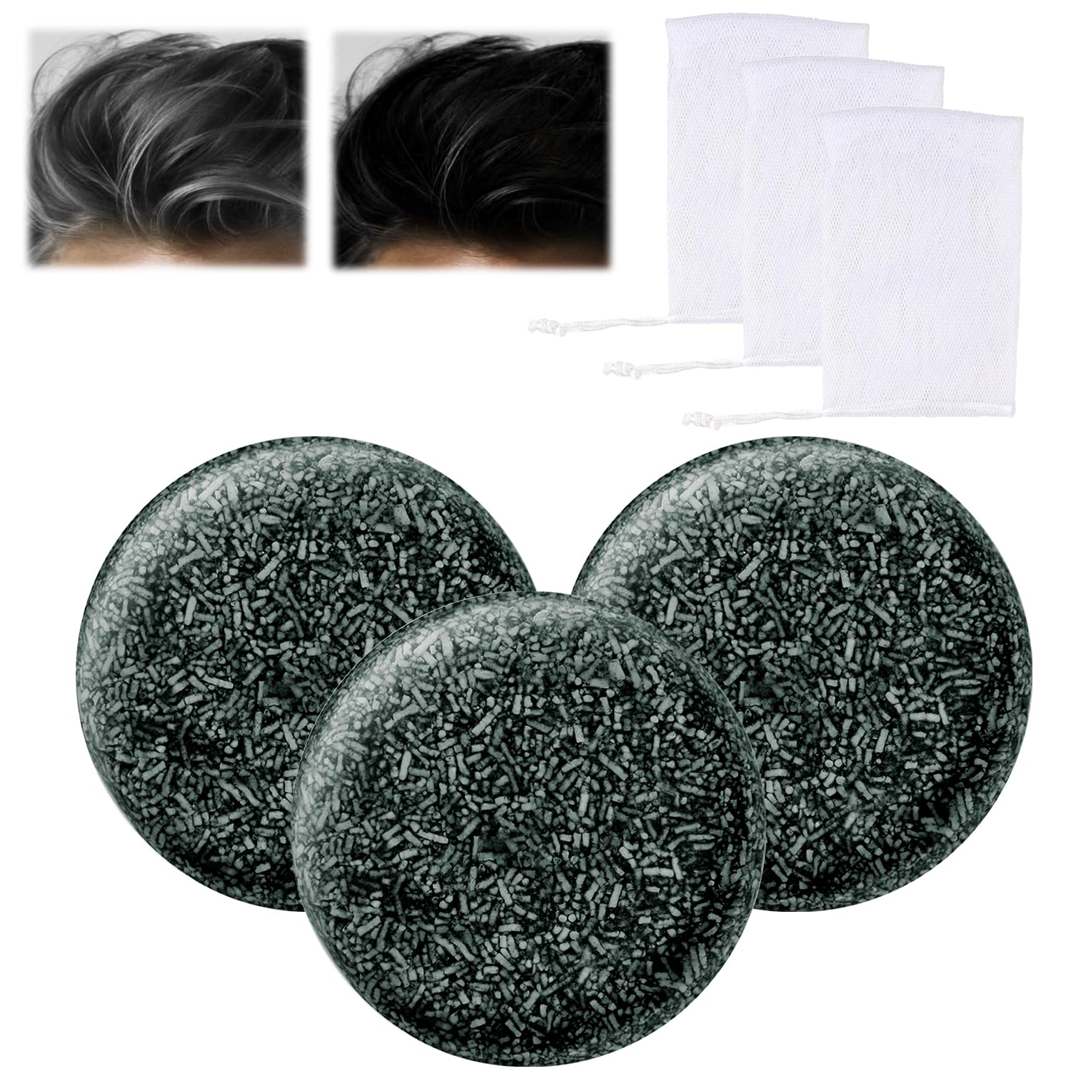Jabón de champú para cobertura de cabello gris, 3 piezas, jabón para cabello negro natural, barra inversa de cabello gris y blanco, jabón de