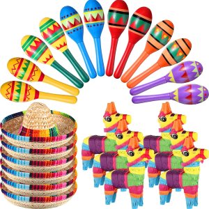 Hungdao 24 piezas de decoraciones de fiesta mexicana, incluye mini piñata de burro, maracas de fiesta de madera para niños, mini sombrero, sombreros Hungdao 24 piezas de decoraciones de fiesta mexicana, incluye mini piñata de burro, maracas de fiesta de madera para niños, mini sombrero, sombreros