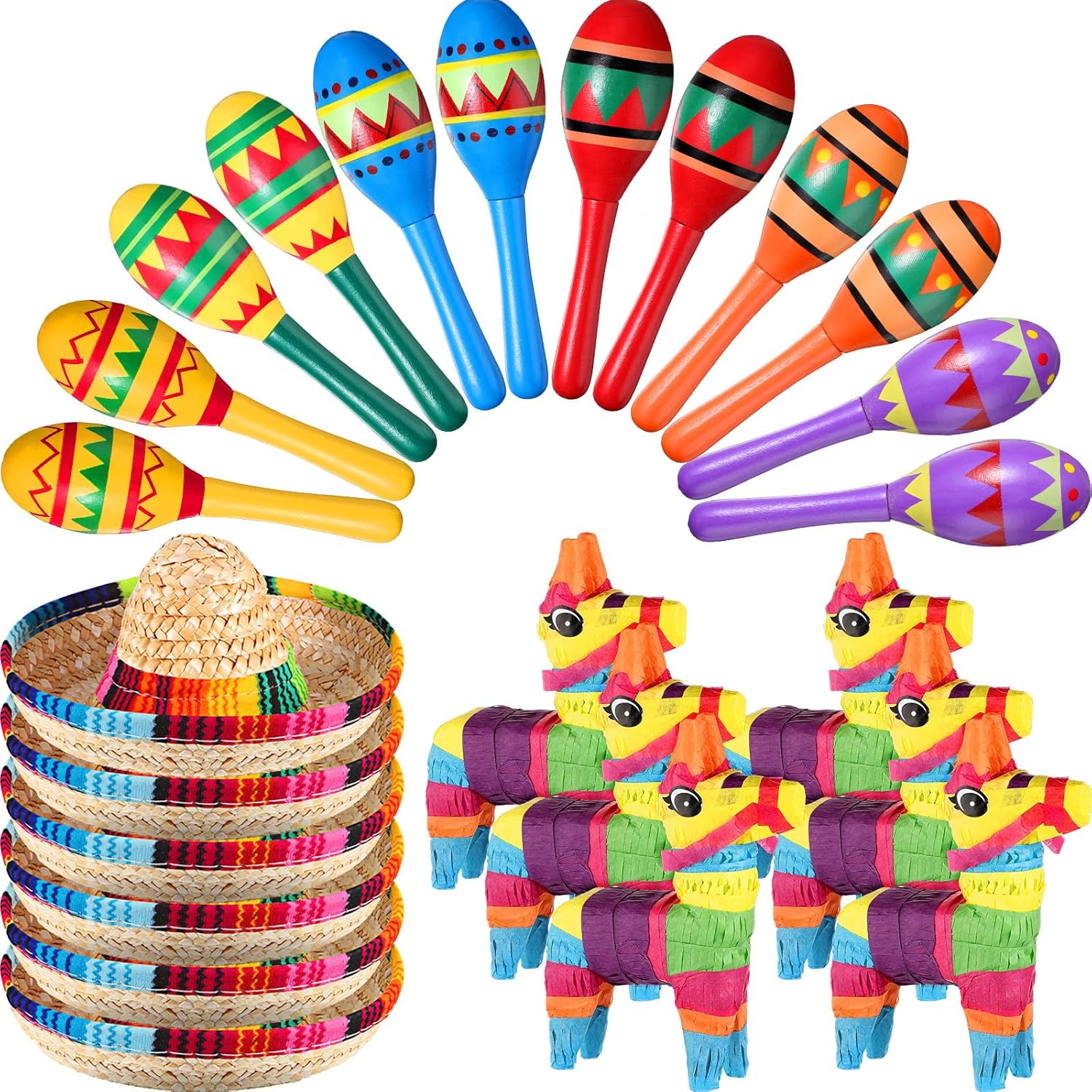 Hungdao 24 piezas de decoraciones de fiesta mexicana, incluye mini piñata de burro, maracas de fiesta de madera para niños, mini sombrero, sombreros