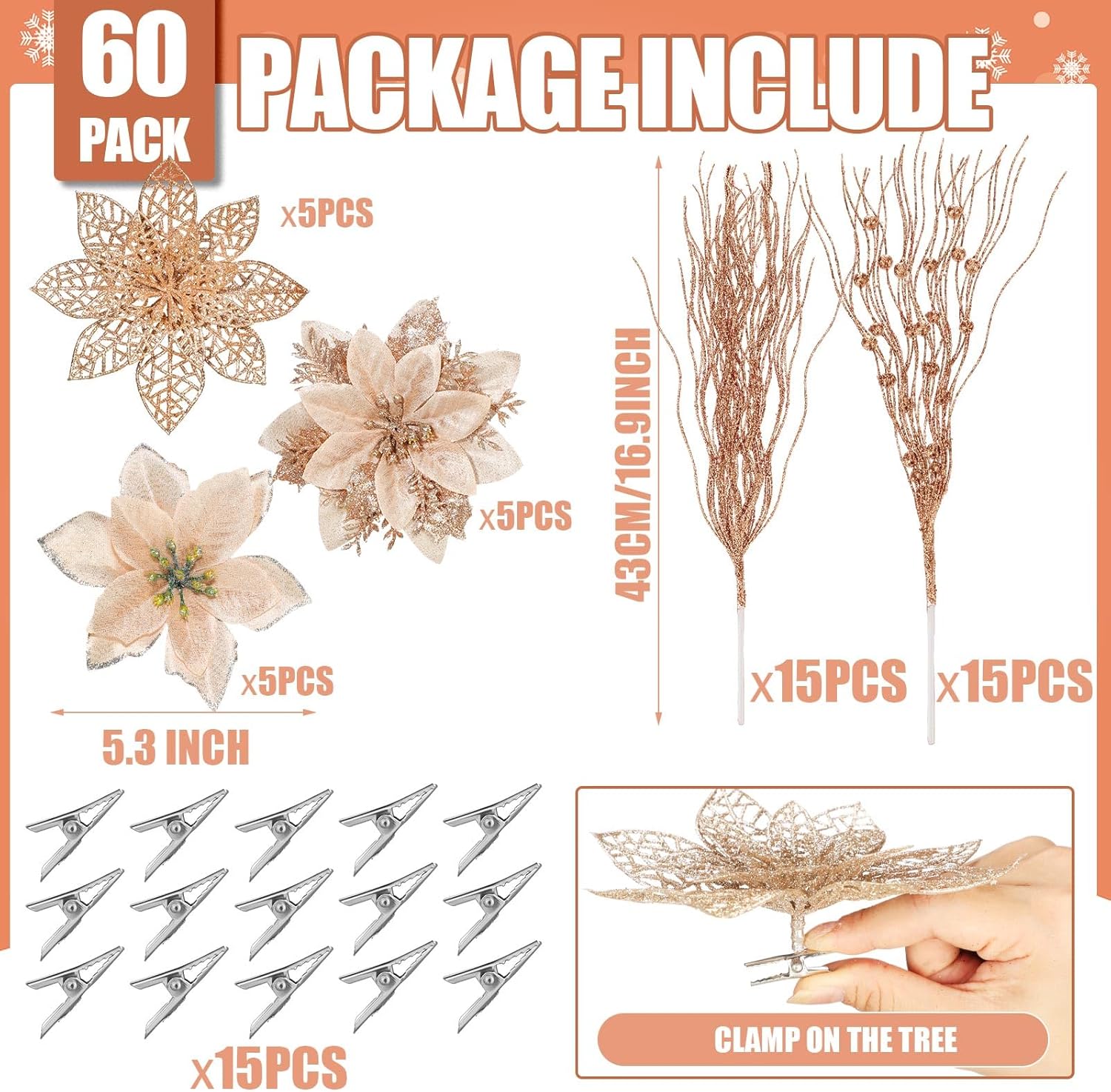 45 flores de Pascua con purpurina de 5.3 pulgadas, púas de bayas artificiales de 17 pulgadas, adorno para árbol de Navidad, flores artificiales de