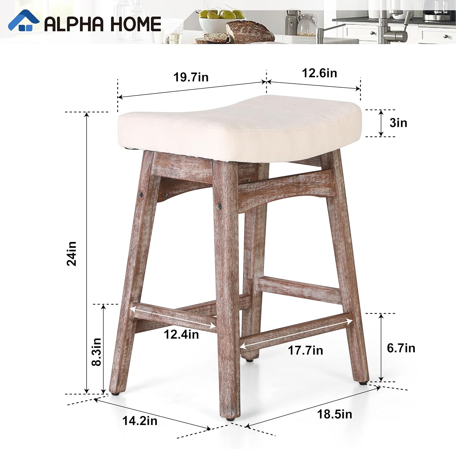 ALPHA HOME Juego de 3 taburetes de bar, taburetes de cocina de madera maciza con cojín de tela de lino beige, taburetes de bar de altura de