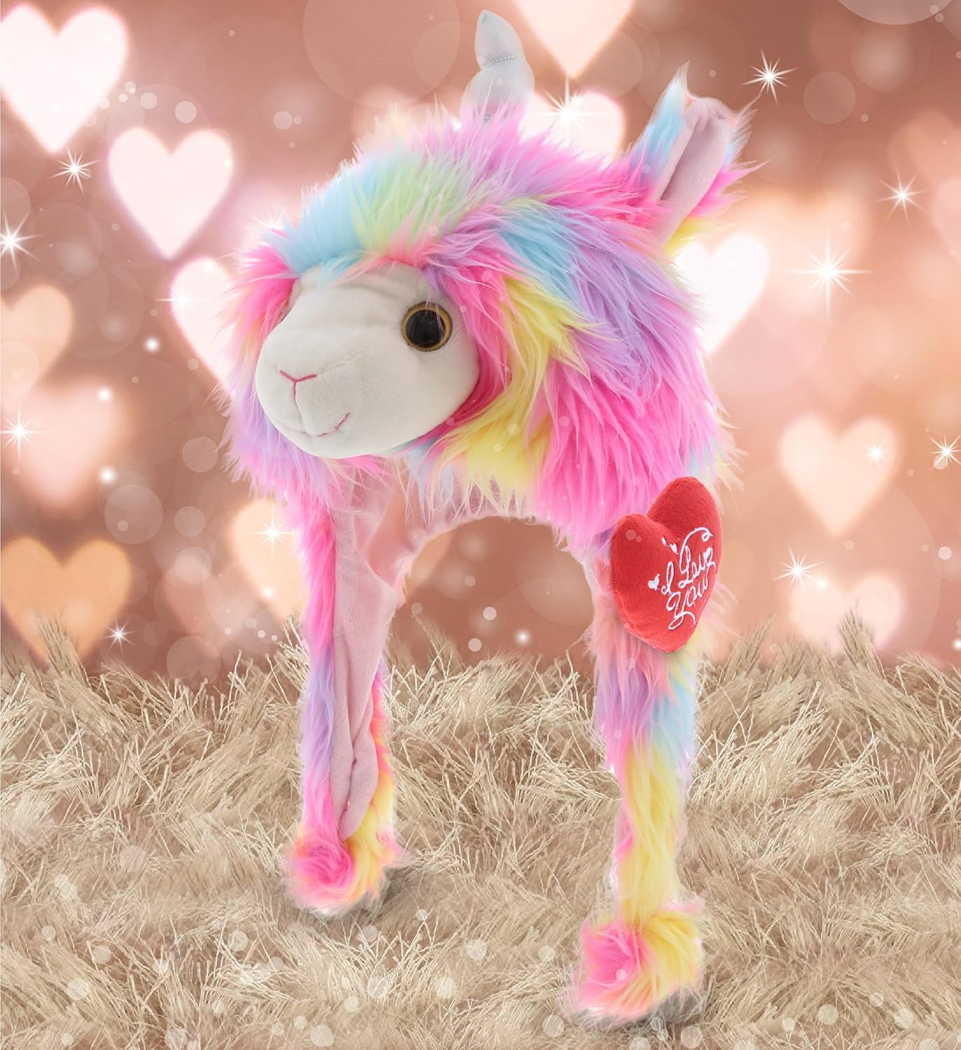 DolliBu Sombrero de peluche con texto en inglés “I Love You” de San Valentín, bonito animal de peluche con corazón rojo y nombre, regalo