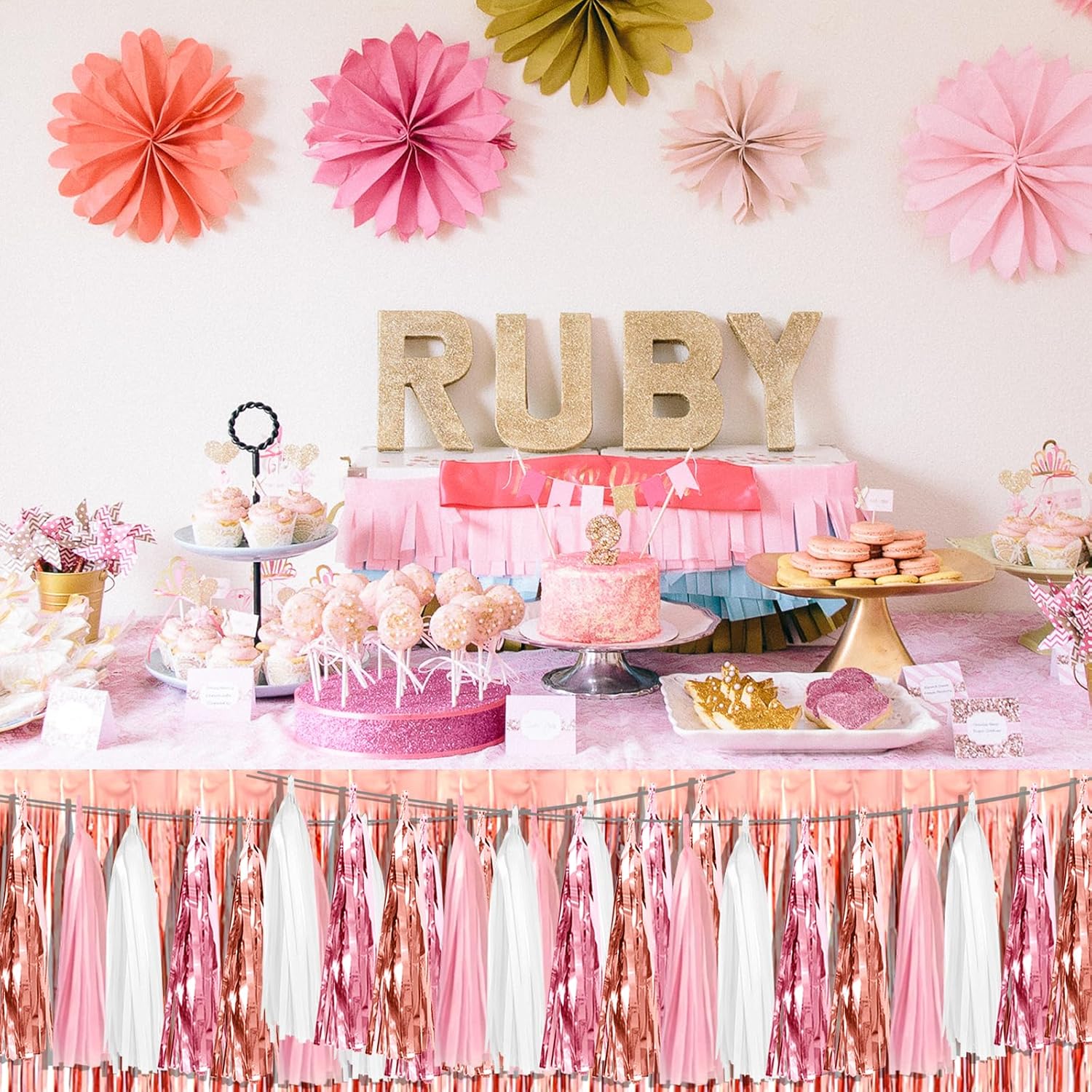 Guirnalda metálica con flecos metálicos de color rosa melocotón y oro rosa, 6 piezas, para desfiles, despedidas de soltera, boda, cumpleaños,
