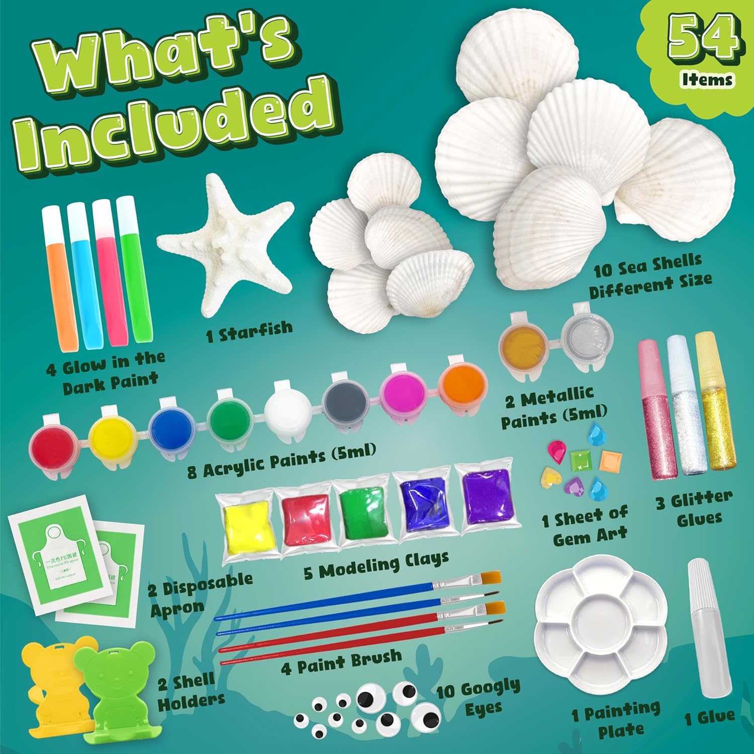 Bambibo Kit de pintura de conchas marinas para niños, paquete MEGA, 54 en 1, pintura que brilla en la oscuridad para niños, kit de arte para niños