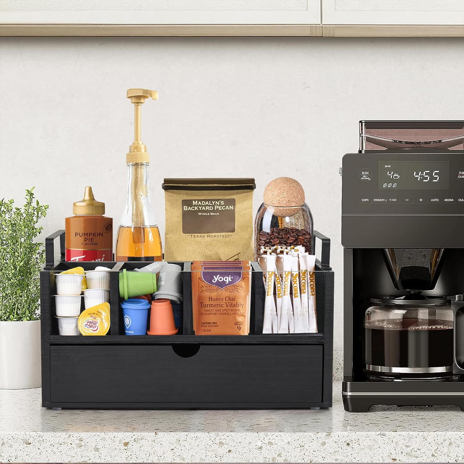 Organizador de barra de café para encimera, organizador de estación de café de madera con cajón, organizador de tazas K, soporte para cápsulas de
