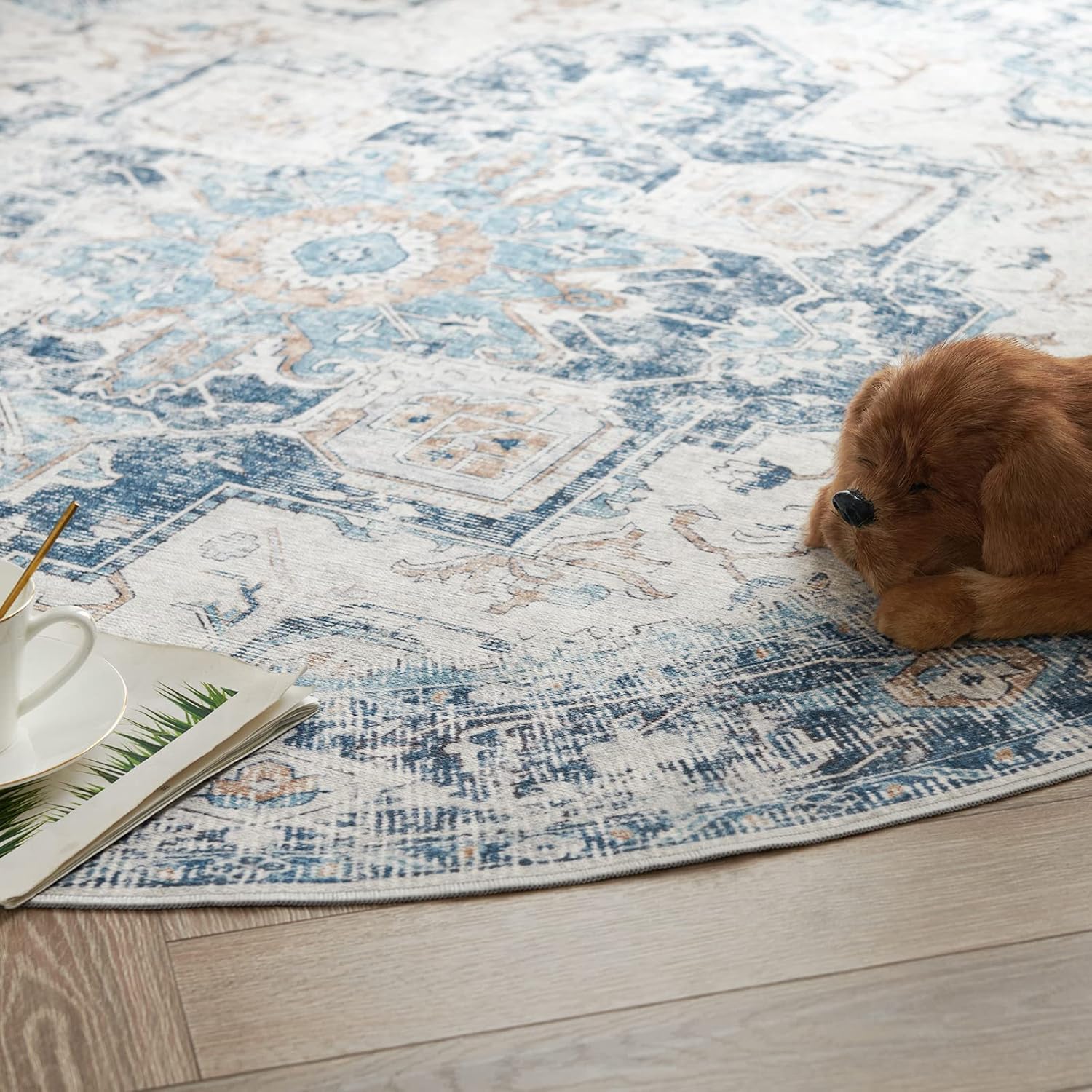 jinchan Tapete redondo de felpilla de 5 pies, lavable, vintage para interiores, con estampado azul multi, desgastado, antideslizante para cocina,