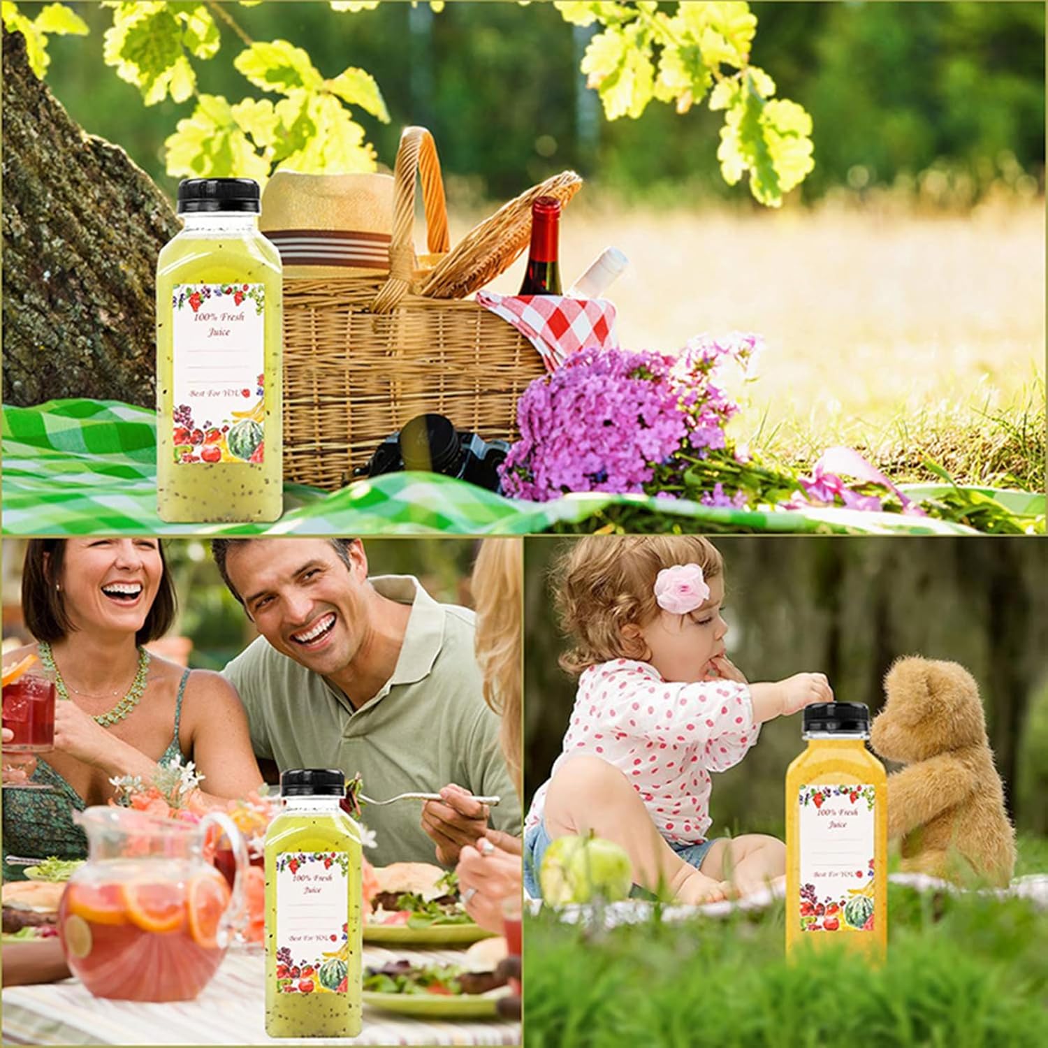 16 botellas de jugo de 8 onzas para jugos, botellas vacías reutilizables de plástico transparente con tapas negras para jugos, agua, licuados,