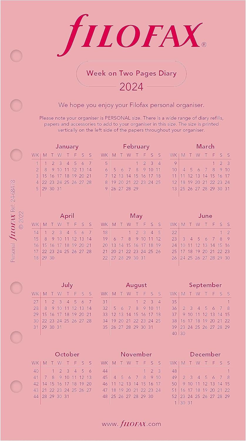 Filofax Recambio de diario de calendario, tamaño personalcompacto, semana a vista, papel rosa, sin rayas, inglés, 2024 (C68478-24)