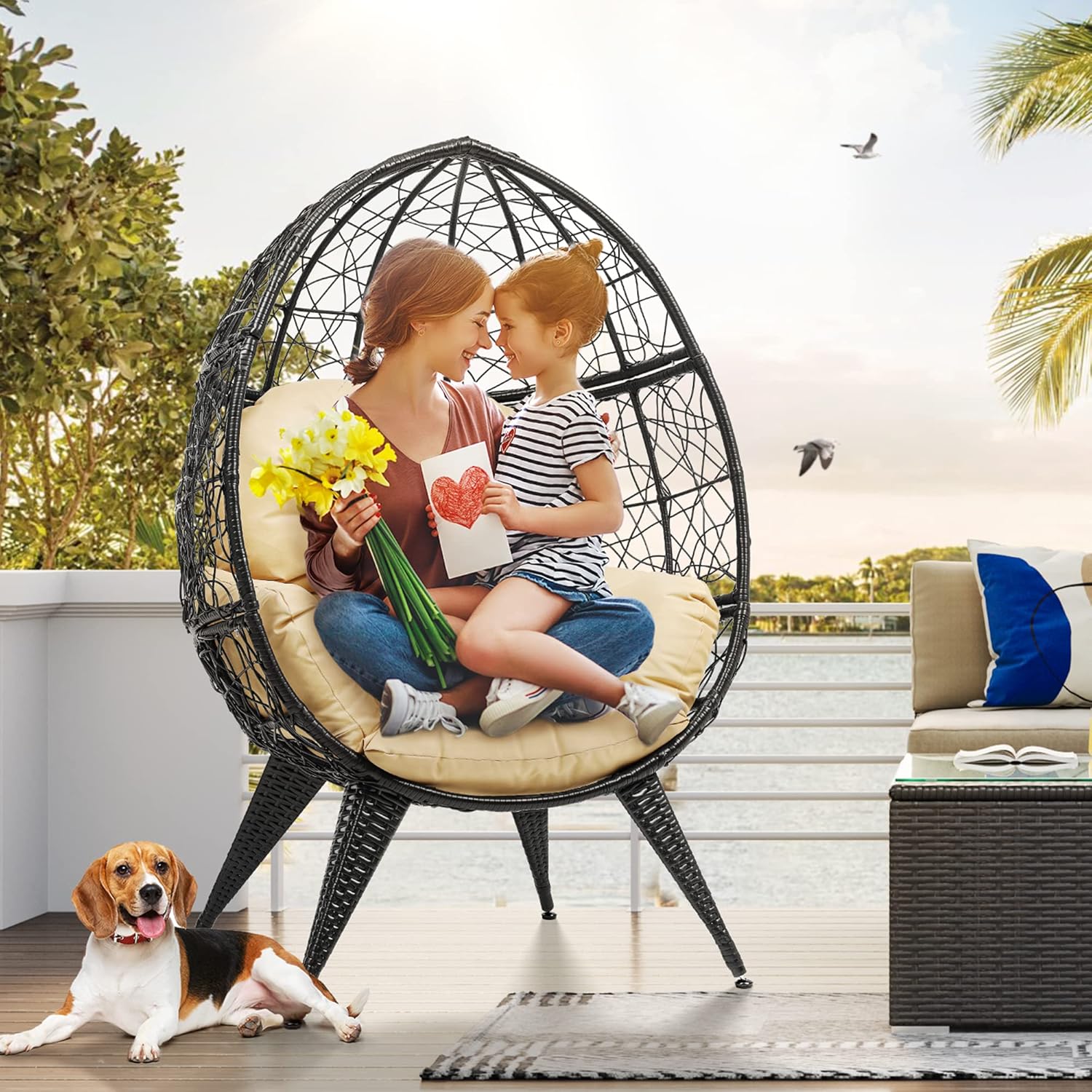 YITAHOME Silla de huevos de mimbre para interiores y exteriores, tumbona grande de gran tamaño con cojín de soporte, silla de cesta de huevos de