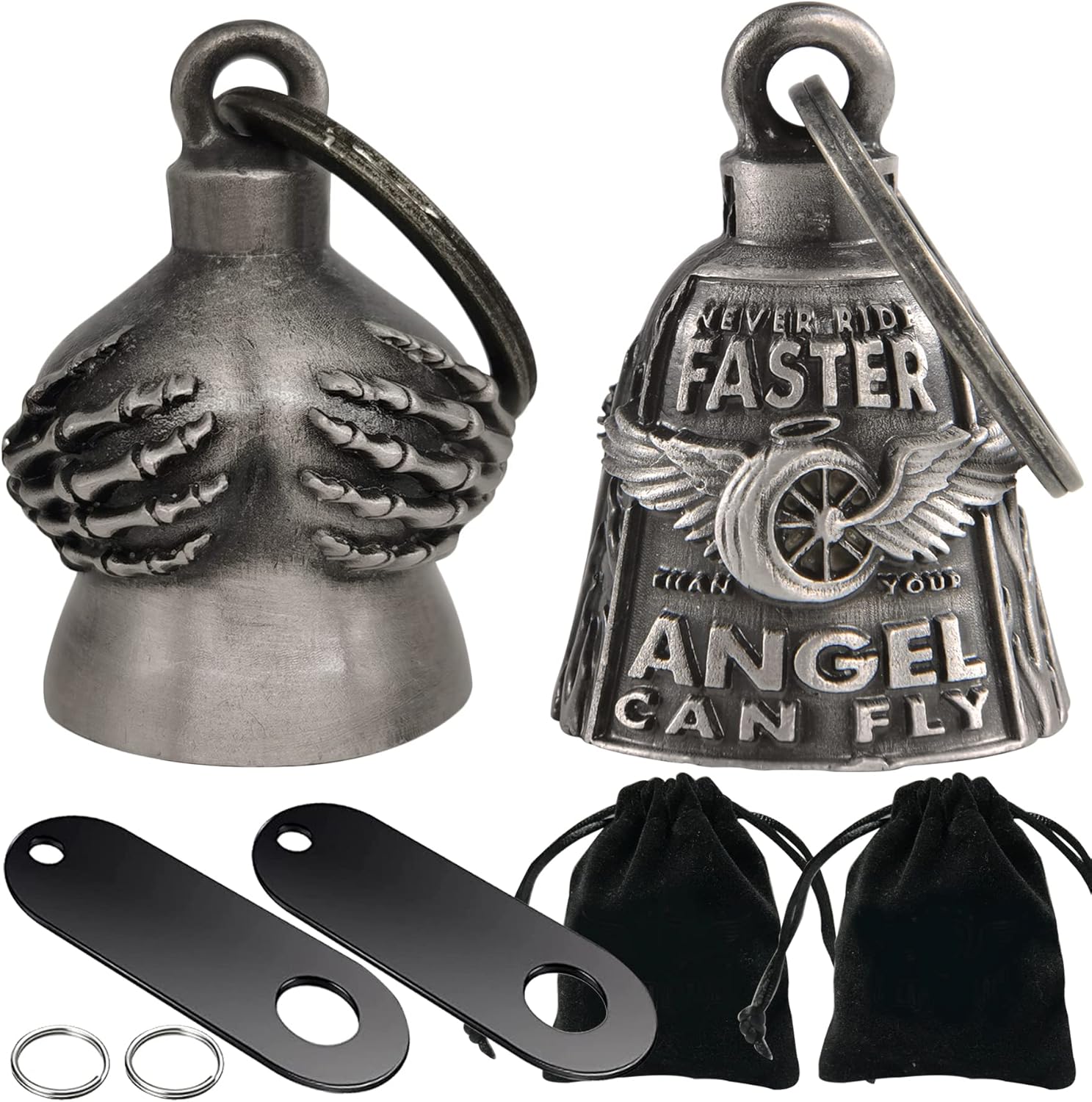 Dream Apparel Paquete de 2 campanas de motocicleta para motociclistas, hombres y mujeres, campanas de ángel con colgadores de campana, accesorios de