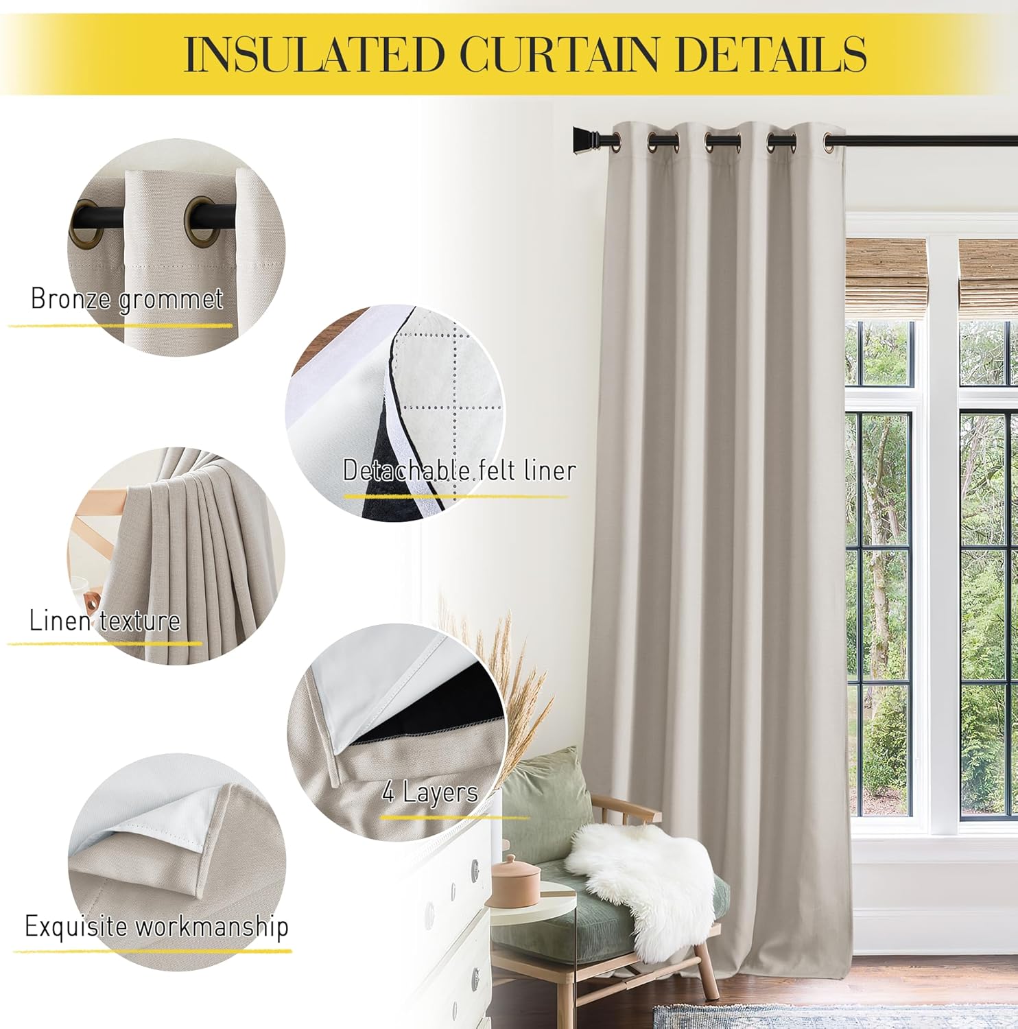 NICETOWN Partículas inferiores PM2.5, cortinas de lino sintético natural de sombreado completo, cortinas opacas con forro de absorción de ruido