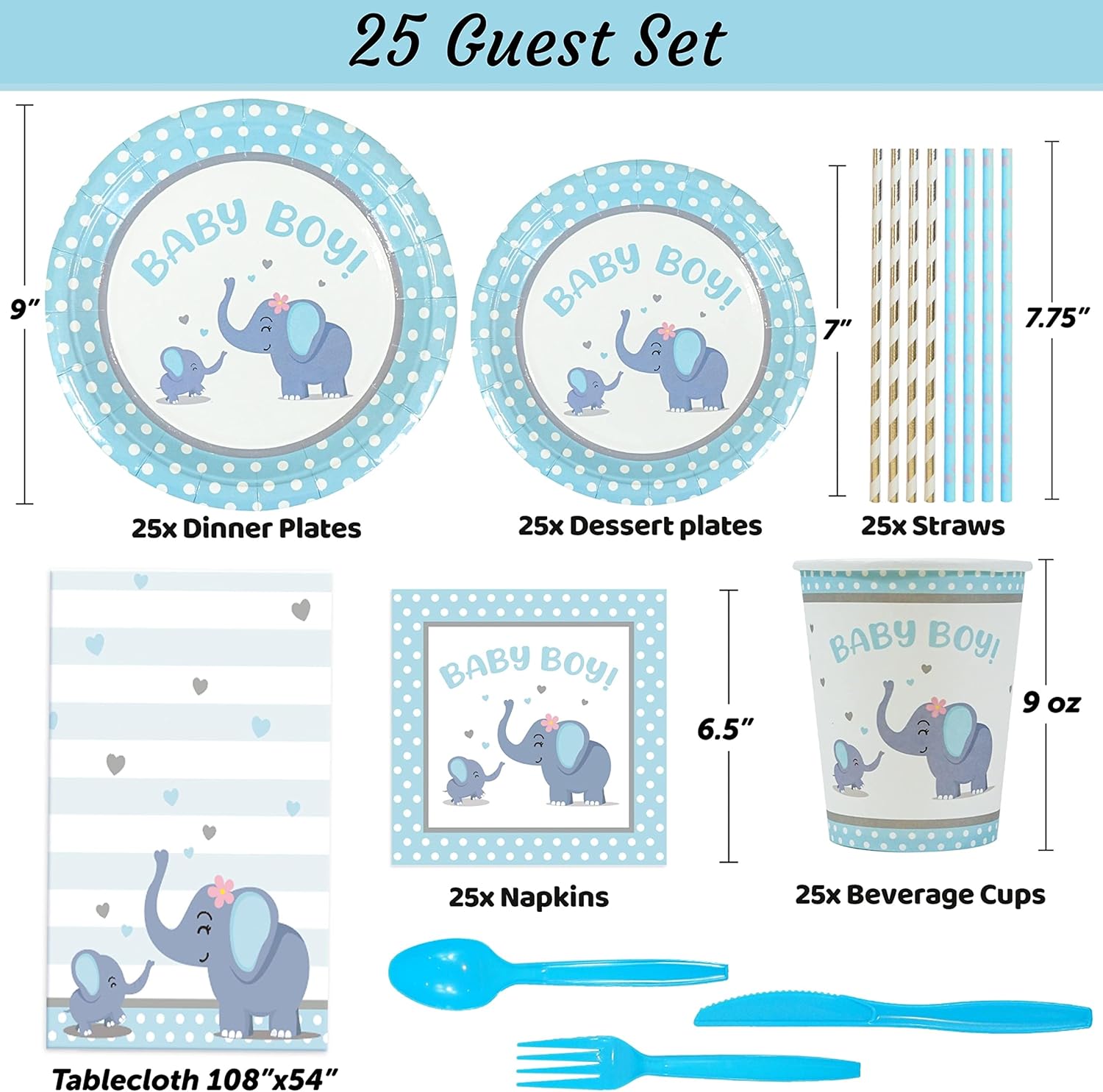 201 piezas de decoración de baby shower de elefante azul para niños, suministros de fiesta de cumpleaños para bebé, mantel, platos de papel,