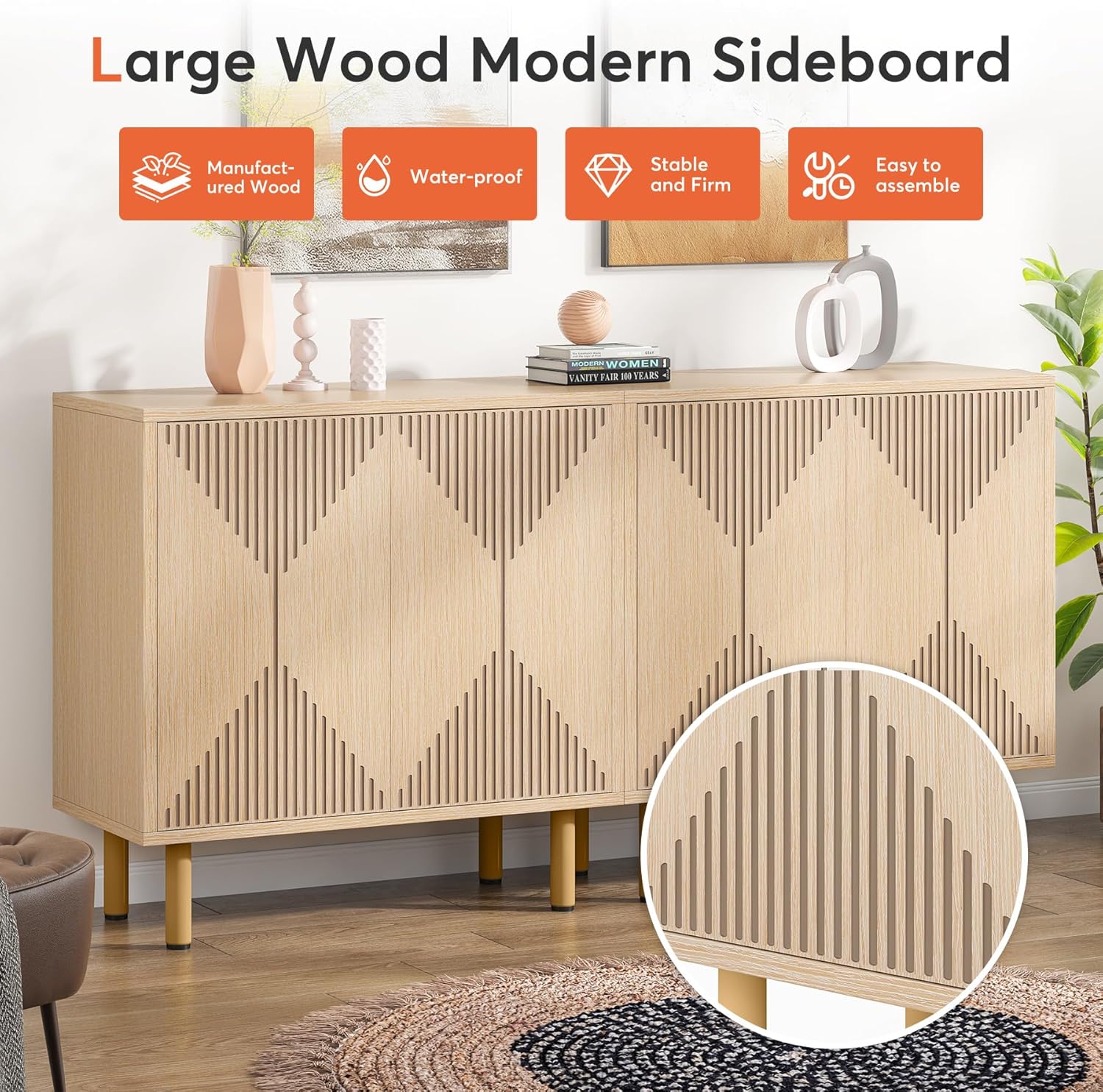 Tribesigns Armario de almacenamiento natural moderno, gabinete de piso independiente, aparador clásico de 59 pulgadas, gabinete de buffet de madera