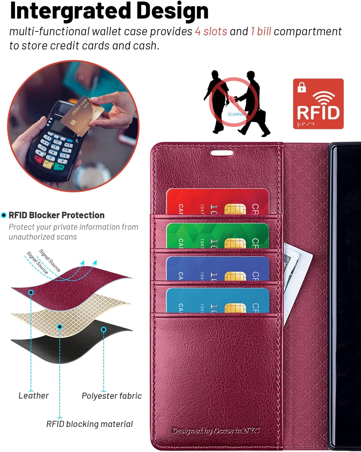OCASE Funda compatible con Galaxy S23 Ultra 5G, funda de piel sintética con tarjetero, bloqueo RFID y soporte carcasa interior de TPU a prueba de