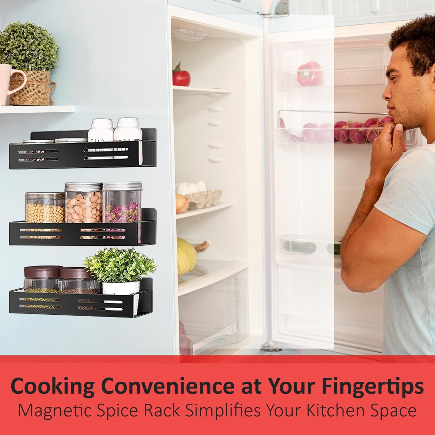 Paquete de 3 organizadores magnéticos para especias para refrigerador con 1 barra de ganchos, organizador magnético para refrigerador con soporte de
