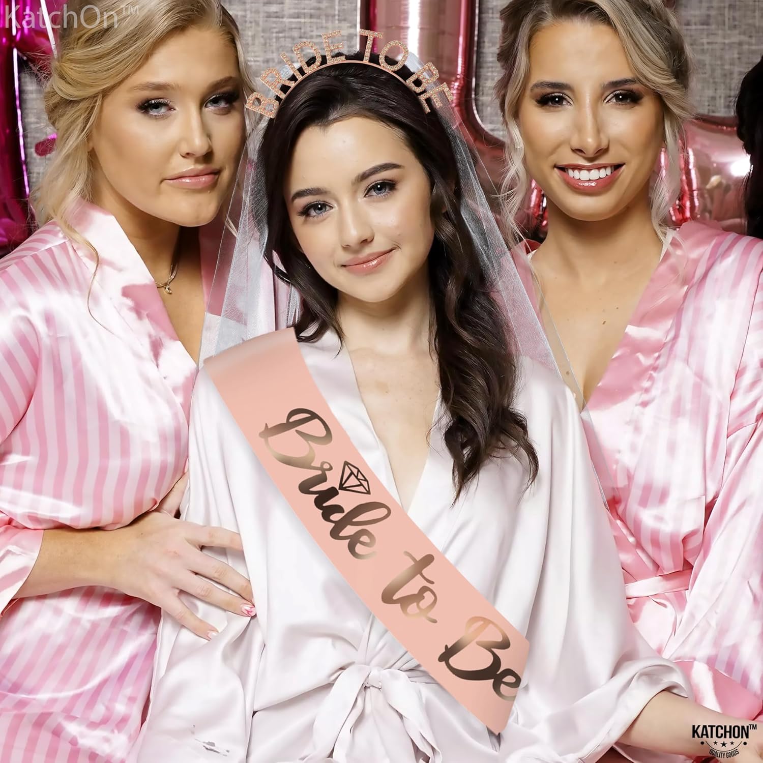KatchOn, Banda y diadema de oro rosa para novia, paquete de 2, diadema de fiesta de novia para decoraciones de despedida de soltera, banda de