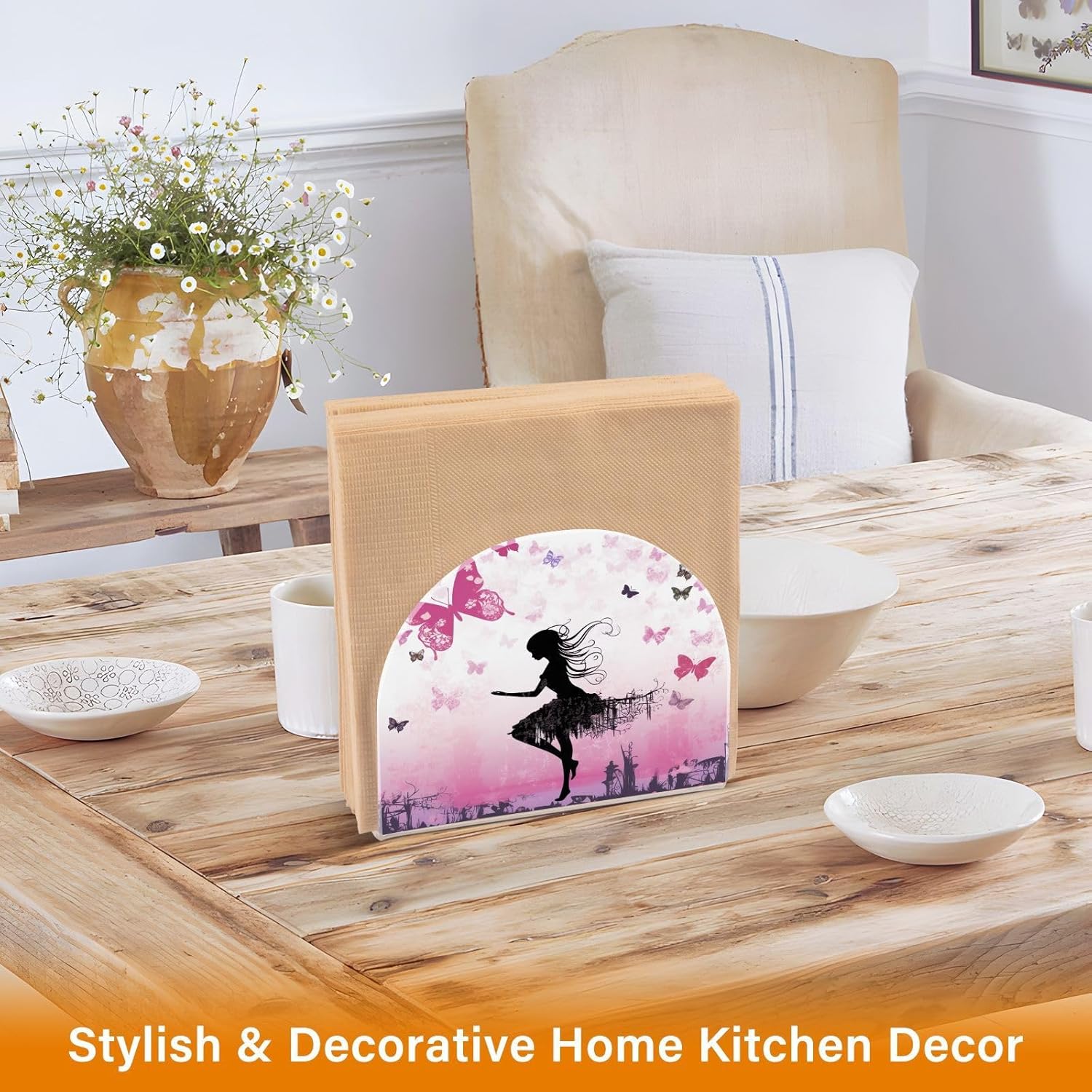 Napkin Holder Fairy and Butterflies Pink Napkin Holders for Tables, Clear Acrylic Napkin Holders Cocktail Napkin Holder for Kitchen Restaurant Bar