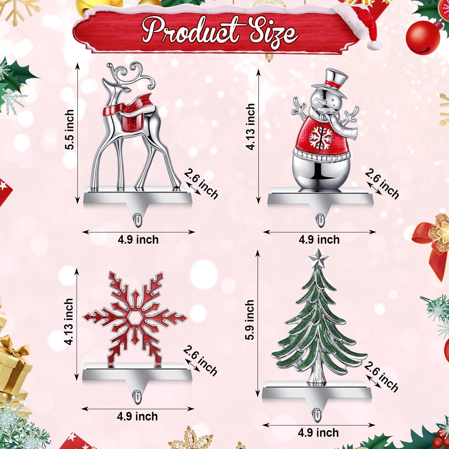 Juego de 4 soportes de calcetines de Navidad para manto, reno, copo de nieve, muñeco de nieve, pino, gancho de metal decorativo, soporte decorativo,