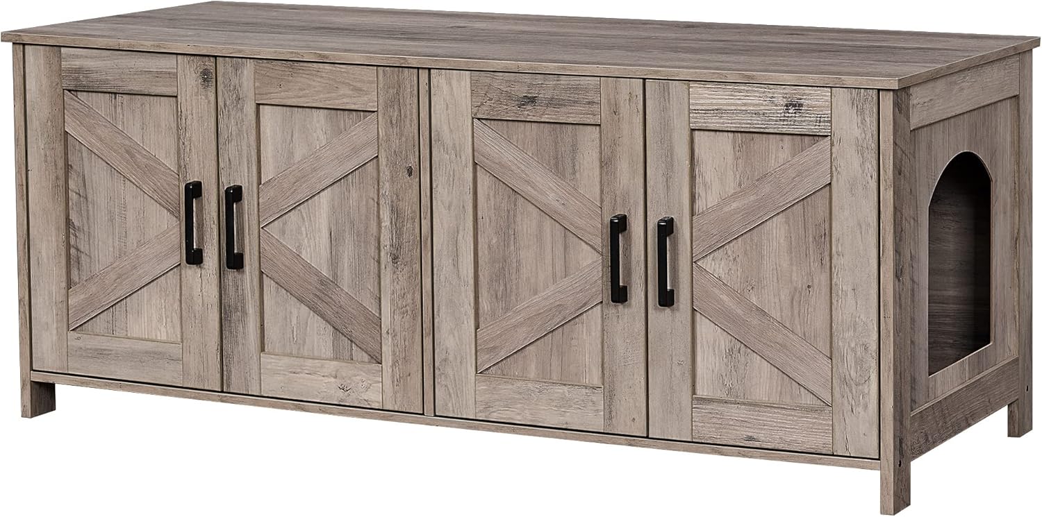 Caja de arena para gatos para 2 gatos, muebles ocultos con habitación doble, muebles de madera para baño, casa para gatos, 47.2 pulgadas de largo x
