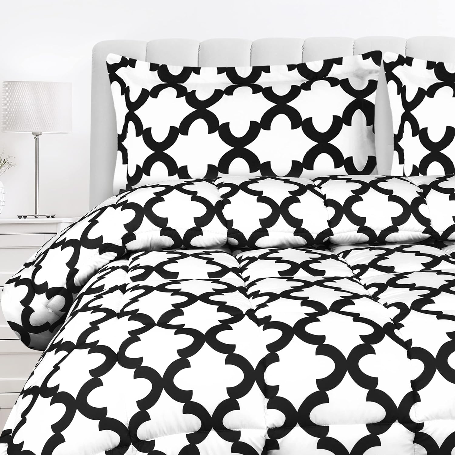 Utopia Bedding – Juego de edredón estampado (Blanco, negro, Queen) con 2 fundas de almohada – Lujosa microfibra cepillada – Edredón alternativo al