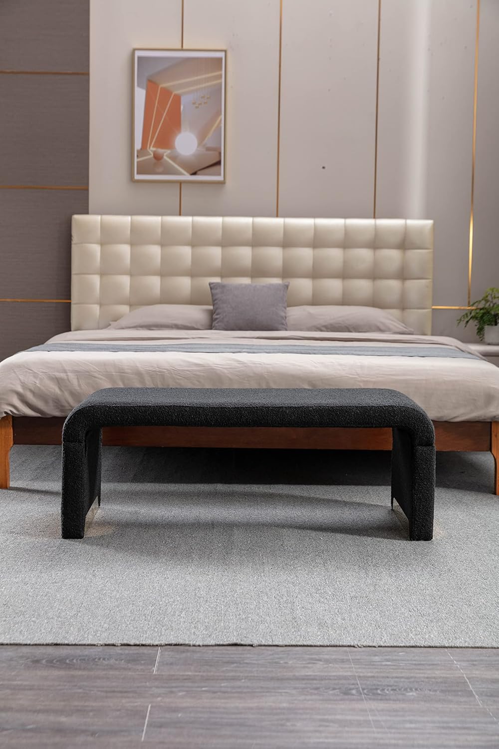 Banco de tela Boucle con reposapiés otomano para dormitorio, banco de zapatos con patas de metal dorado, color negro