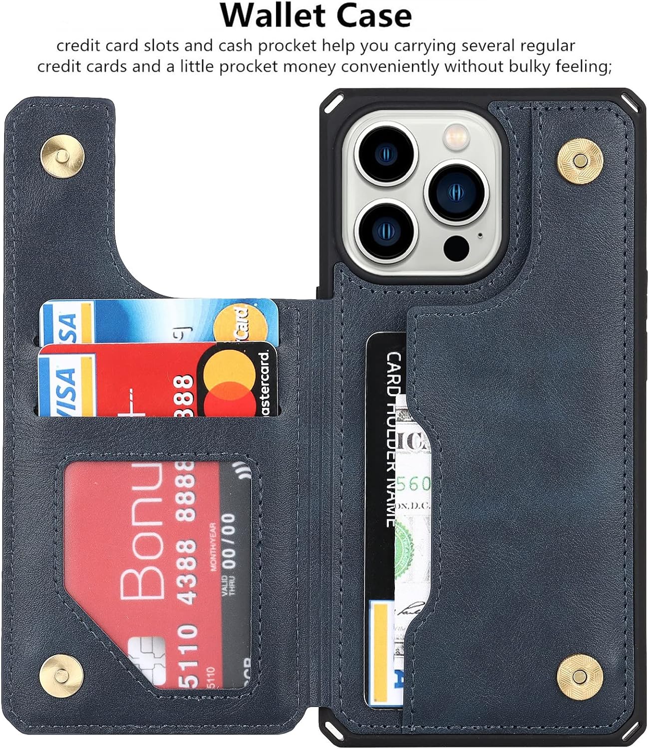iCoverCase Funda tipo cartera compatible con iPhone 14 Pro con ranuras para tarjetas y correa para la muñeca, piel sintética, doble cierre