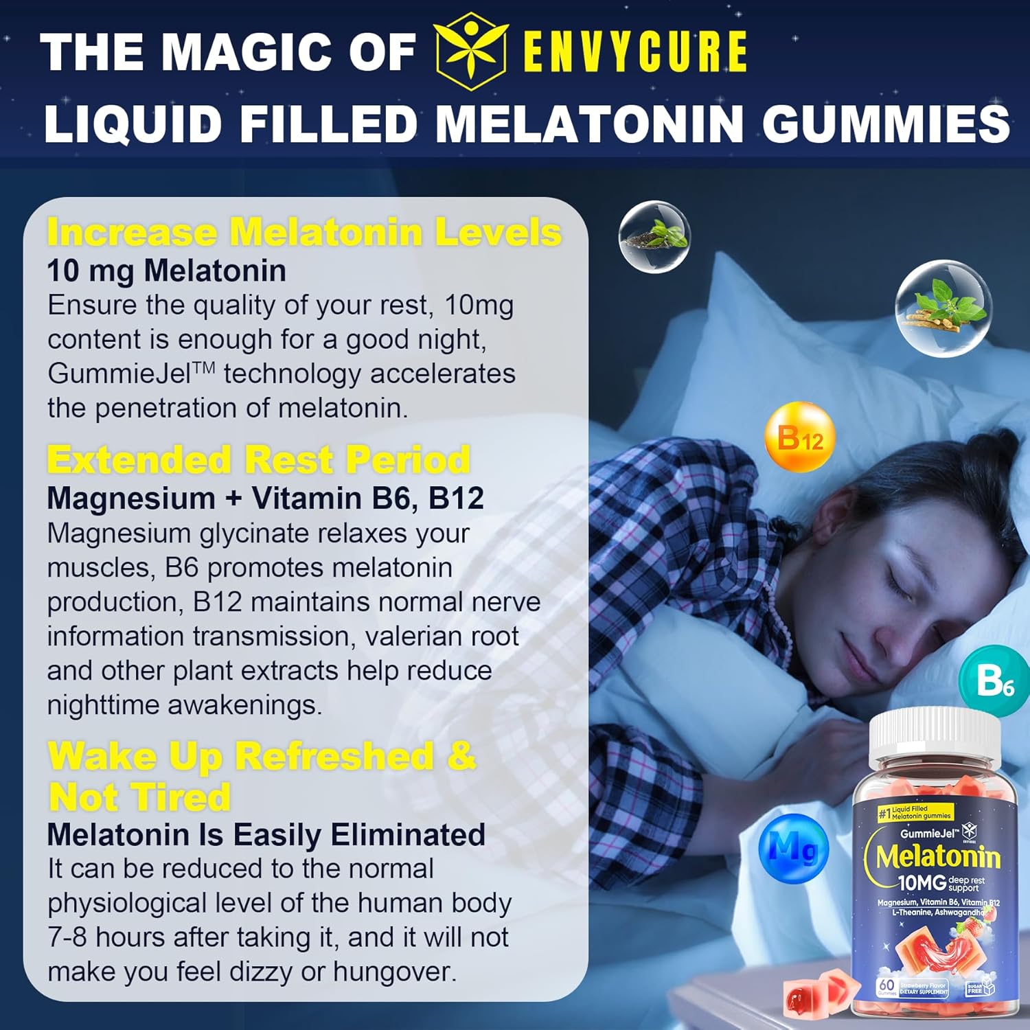 Gomitas de melatonina sin azúcar, 10 mg 20 mg con glicinato de magnesio para adultos, L-teanina, ashwagandha, B6, metilo b12, bálsamo de limón y