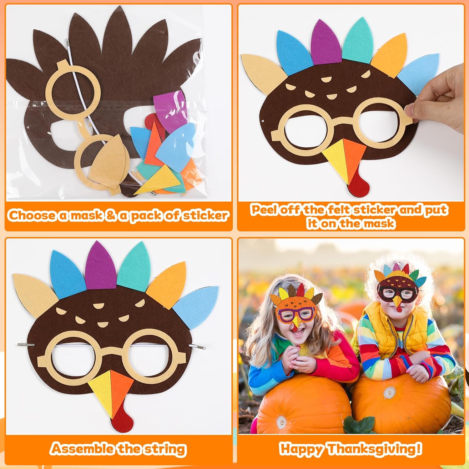 126 máscaras de pavo de Acción de Gracias para niños, manualidades de espuma de fieltro de otoño, manualidades a granel para niños de 3 a 5, 4 a 8,