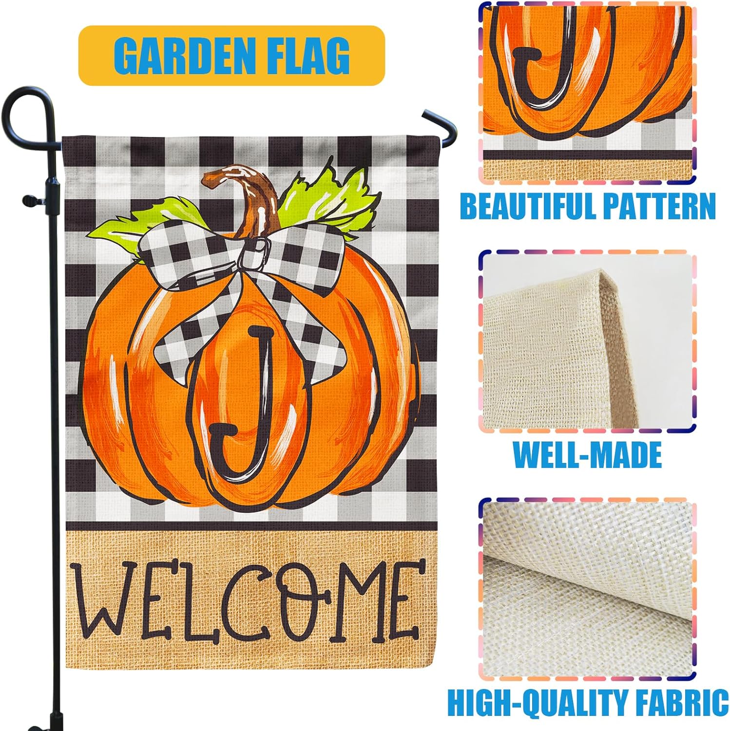PAMBO CFA72-1J – Bandera de jardín de calabaza con monograma, bandera de otoño de 12 x 18 pulgadas, doble cara para familia, apellido, inicial,