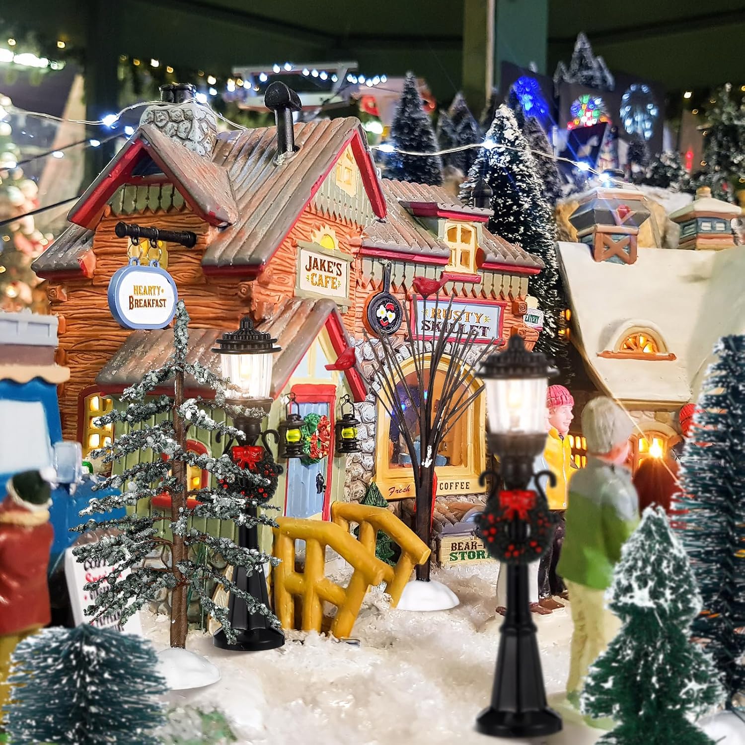 14 piezas de accesorios de Navidad, figura de pueblo, pinos en miniatura, nieve, árboles de Navidad artificiales, ramas desnudas, lámparas de calle,
