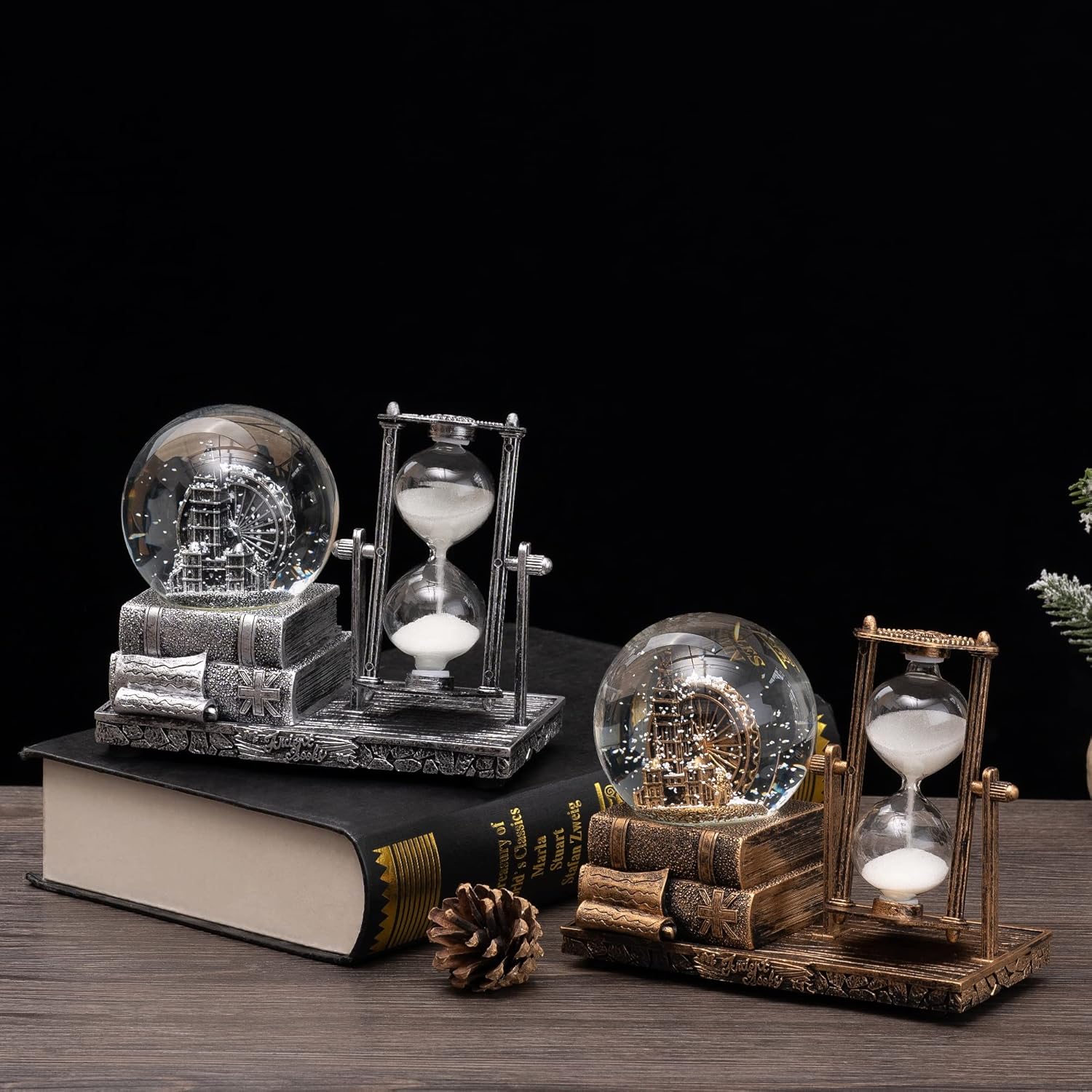 Globo de nieve con música de cristal antiguo con reloj de arena, reloj de arena, reloj de arena, globo de música LED, coleccionables, decoración del