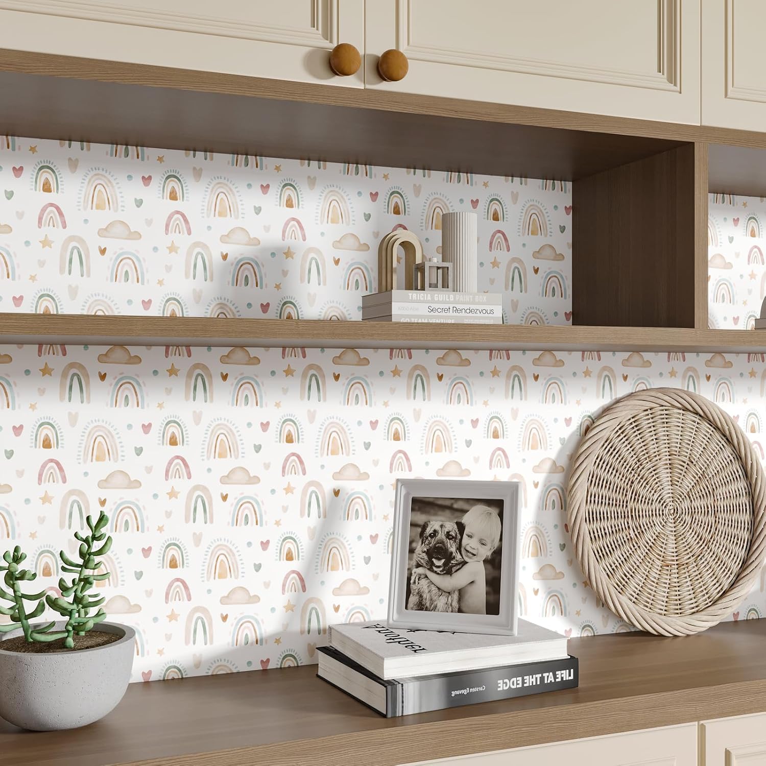 Papel tapiz bohemio con diseño de arco iris, diseño de acuarela, arcoíris, para niños, diseño de nube, corazón, estrella, extraíble, autoadhesivo,