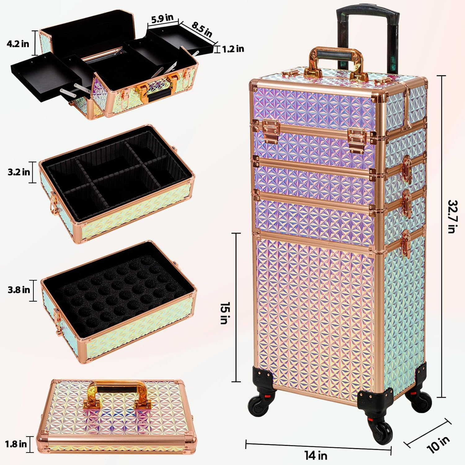 Estuche de maquillaje profesional 5 en 1, estuche de aluminio para cosméticos, estuche de maquillaje con ruedas giratorias de 360 , Con color,
