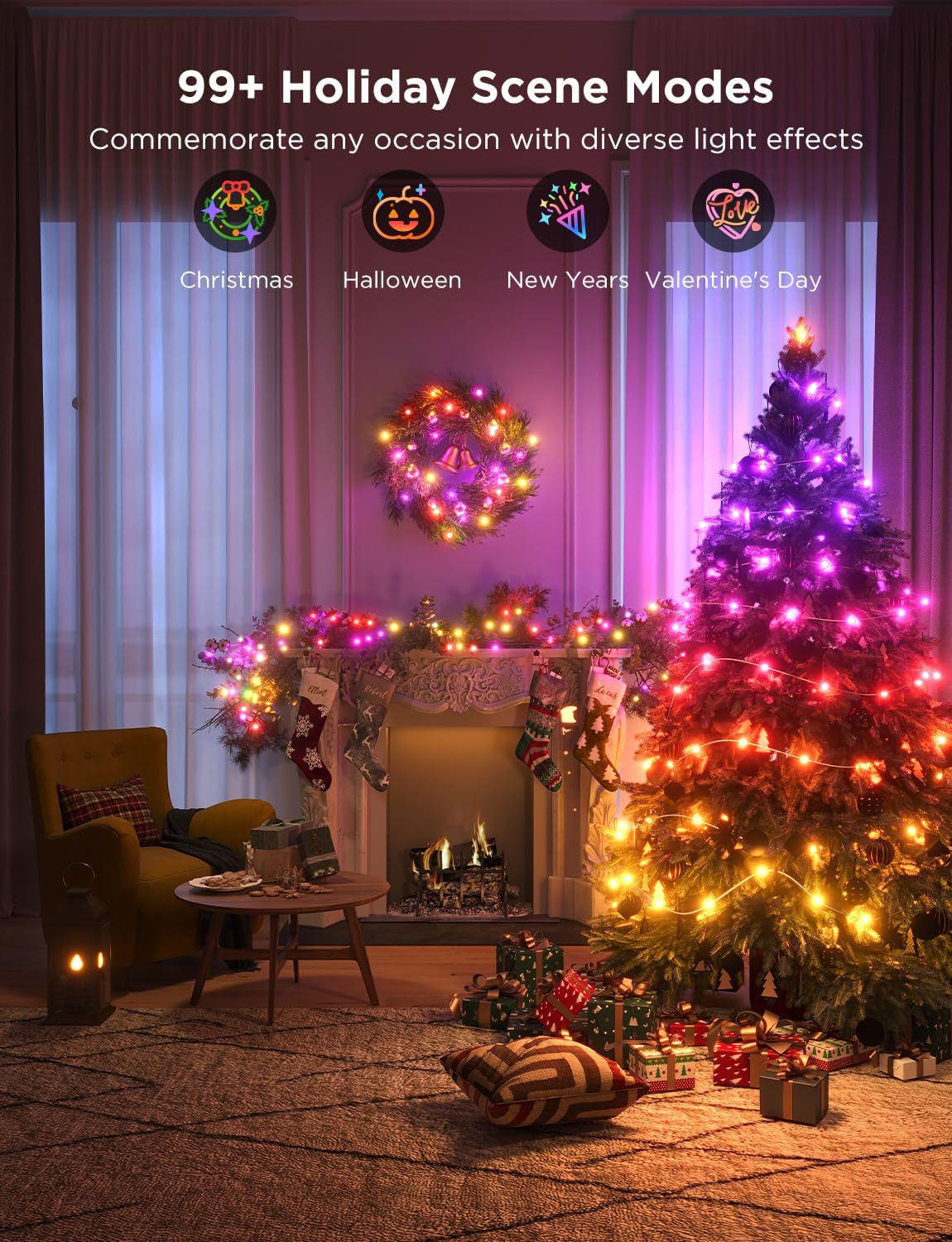 Govee Cadena de luces de 33 pies, luces inteligentes RGBIC para interiores con más de 99 modos de escena preestablecidos, luces LED de Navidad
