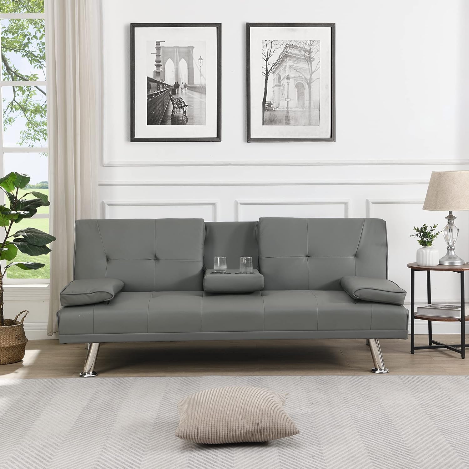 Futón, sala de estar de cuero moderna, sofá biplaza plegable convertible, sofá cama extraíble con 2 portavasos con reposabrazos en el medio, gris