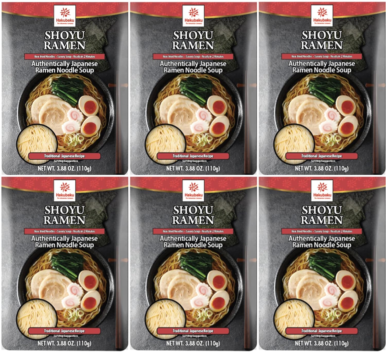Hakubaku Sopa japonesa de fideos ramen, SHOYU, 3.88 onzas (paquete de 6), auténtico ramen japonés no frito y fideos suaves, estable en el estante