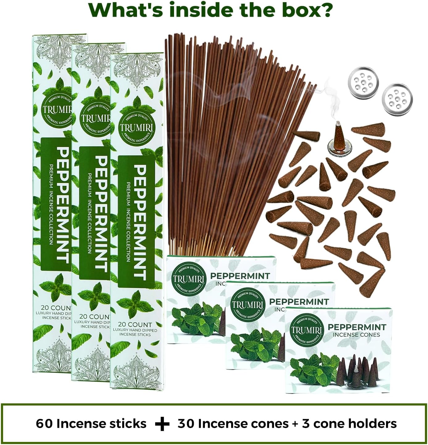 Paquete combinado de palitos de incienso de menta y conos de incienso, 60 varillas de incienso + 30 conos de insencia, incienso perfumados, insents