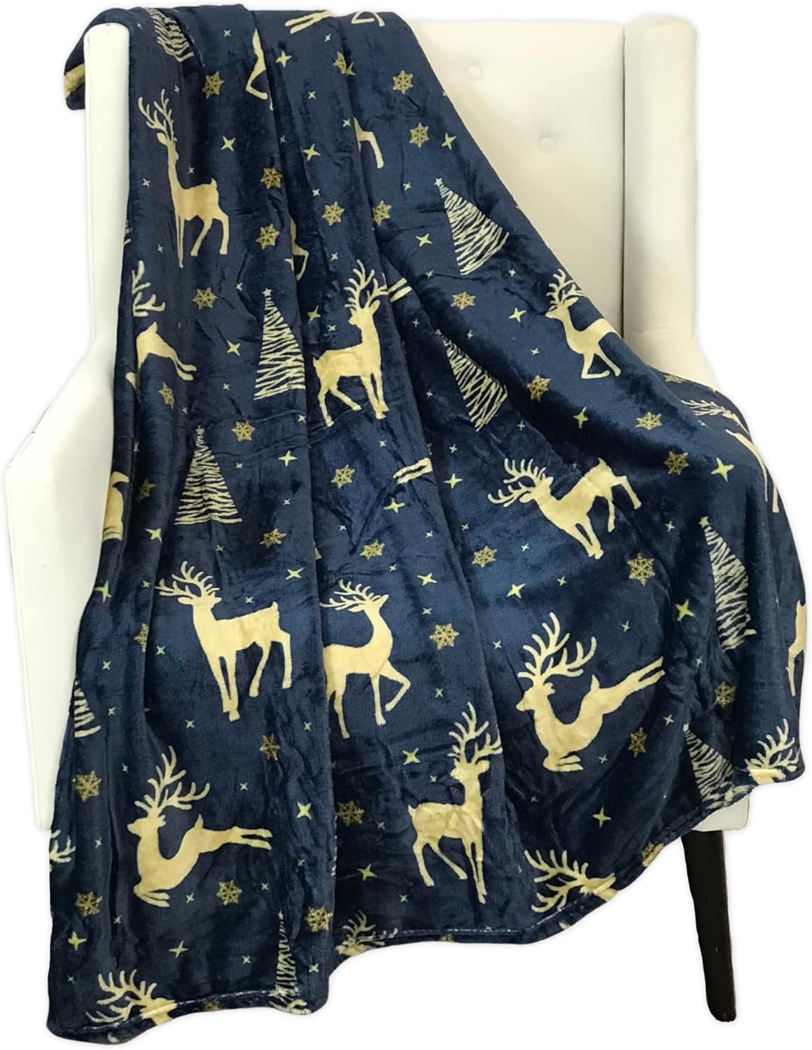 Manta decorativa de invierno suave y cómoda felpa de terciopelo azul marino con ciervos y árboles del bosque dorados, acento para sofá, cama, silla,