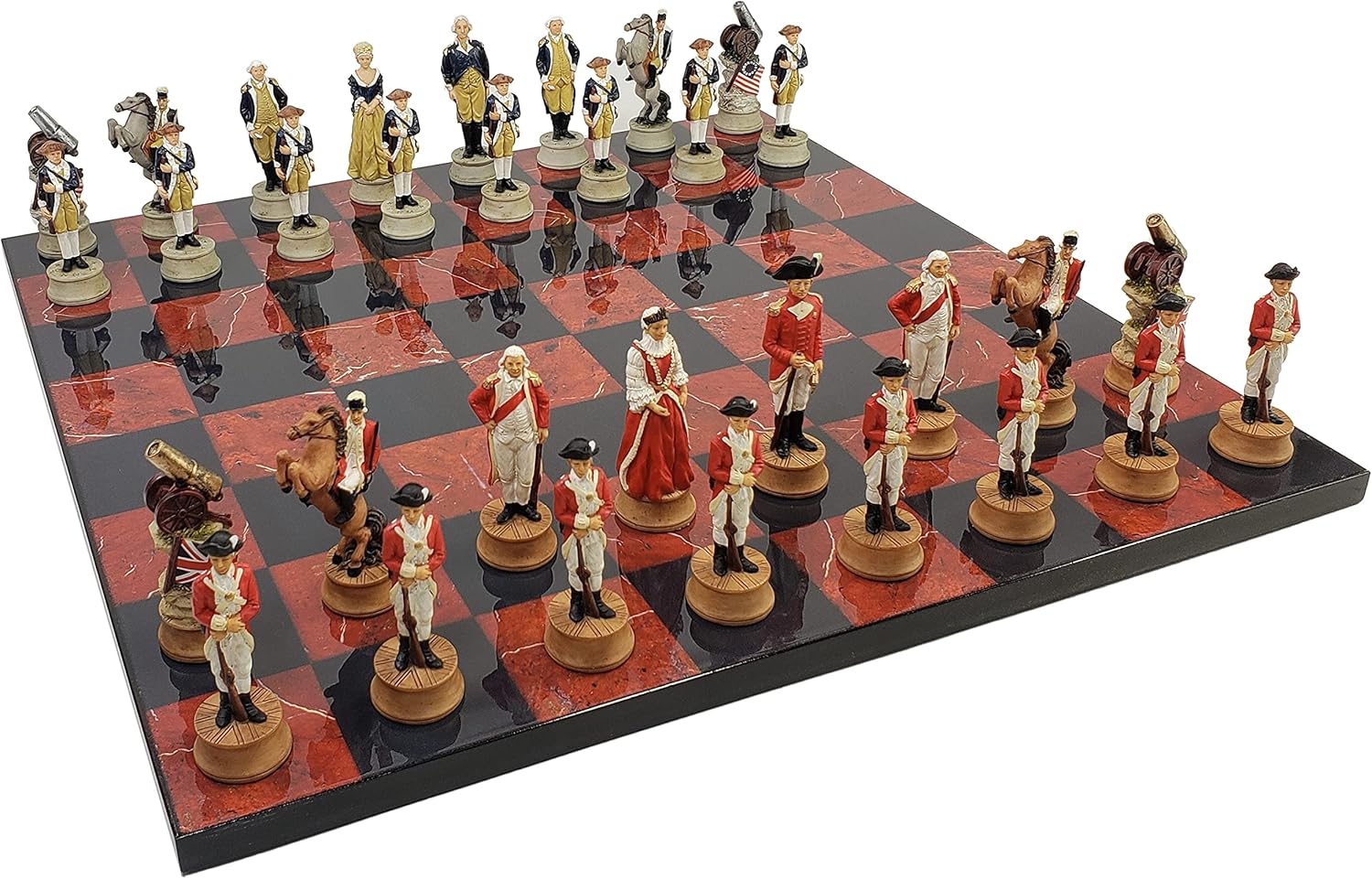 Juego de ajedrez de guerra de independencia revolucionaria americana con tablero de mármol sintético negro y rojo de 16 pulgadas