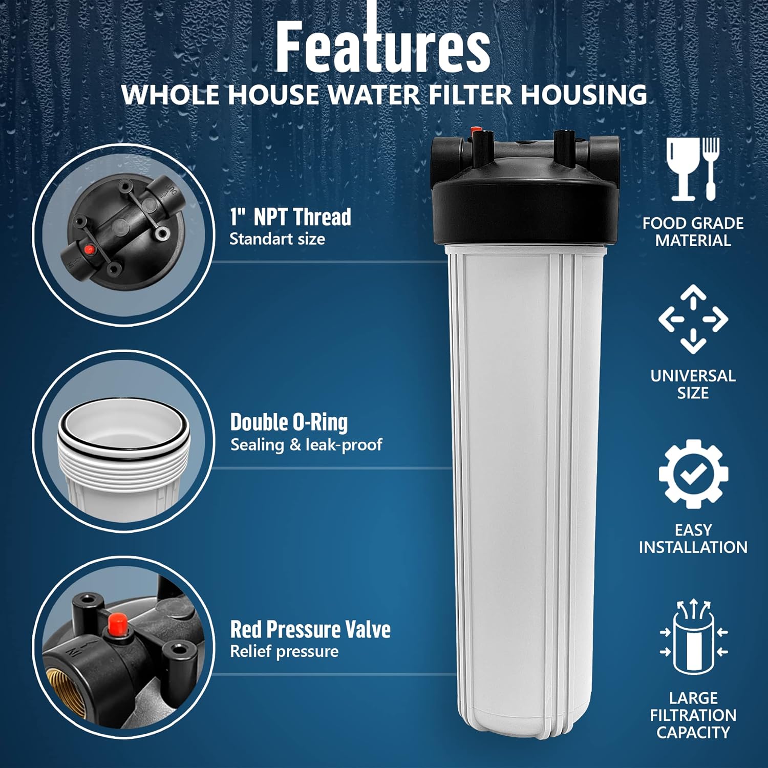 Sistema purificador de filtro para toda la casa de alta capacidad de 20 x 4.5 pulgadas para agua de pozos o ciudades, botón de alivio de