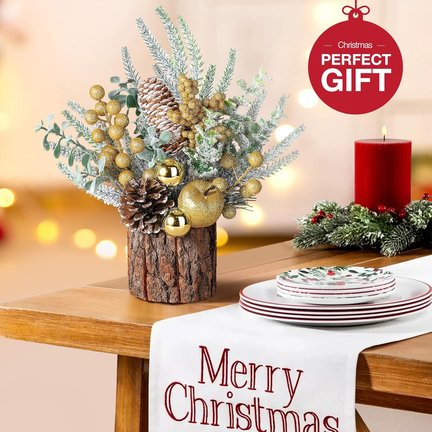 Hatisan Árbol de Navidad pequeño de mesa con adornos, piñas de pino, bayas – redondo dorado