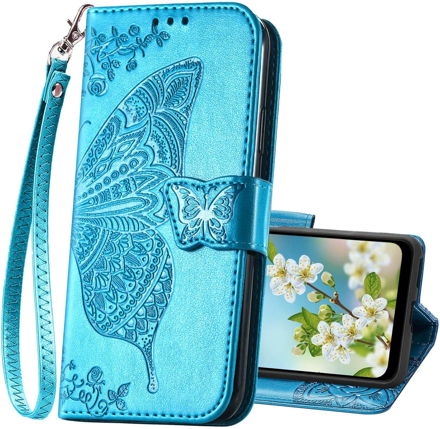 Funda diseñada para Samsung Galaxy A03S, funda de piel sintética en relieve de mariposa con tapa para tarjetas de crédito, soporte con ranuras para