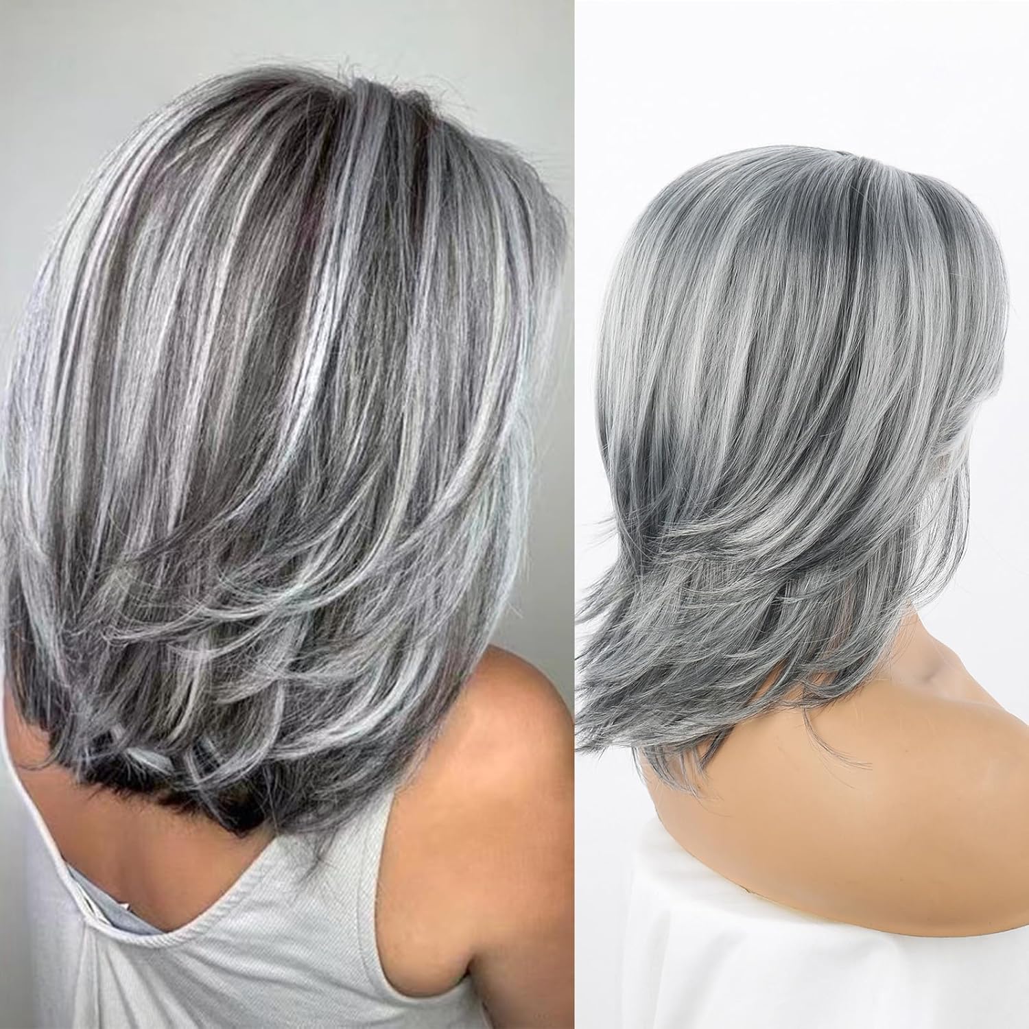 Aisaide Peluca corta gris plateado degradado con reflejos en capas con flequillo de cortina, pelucas grises para mujer, peluca gris sintético