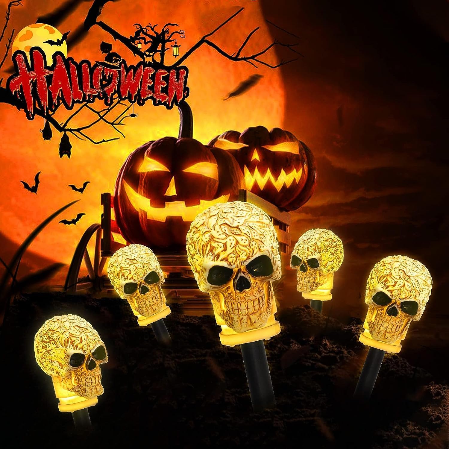 Paquete de 5 luces de camino de calavera de Halloween, impermeables, estaca de calavera aterradora, luces de esqueleto para decoraciones de