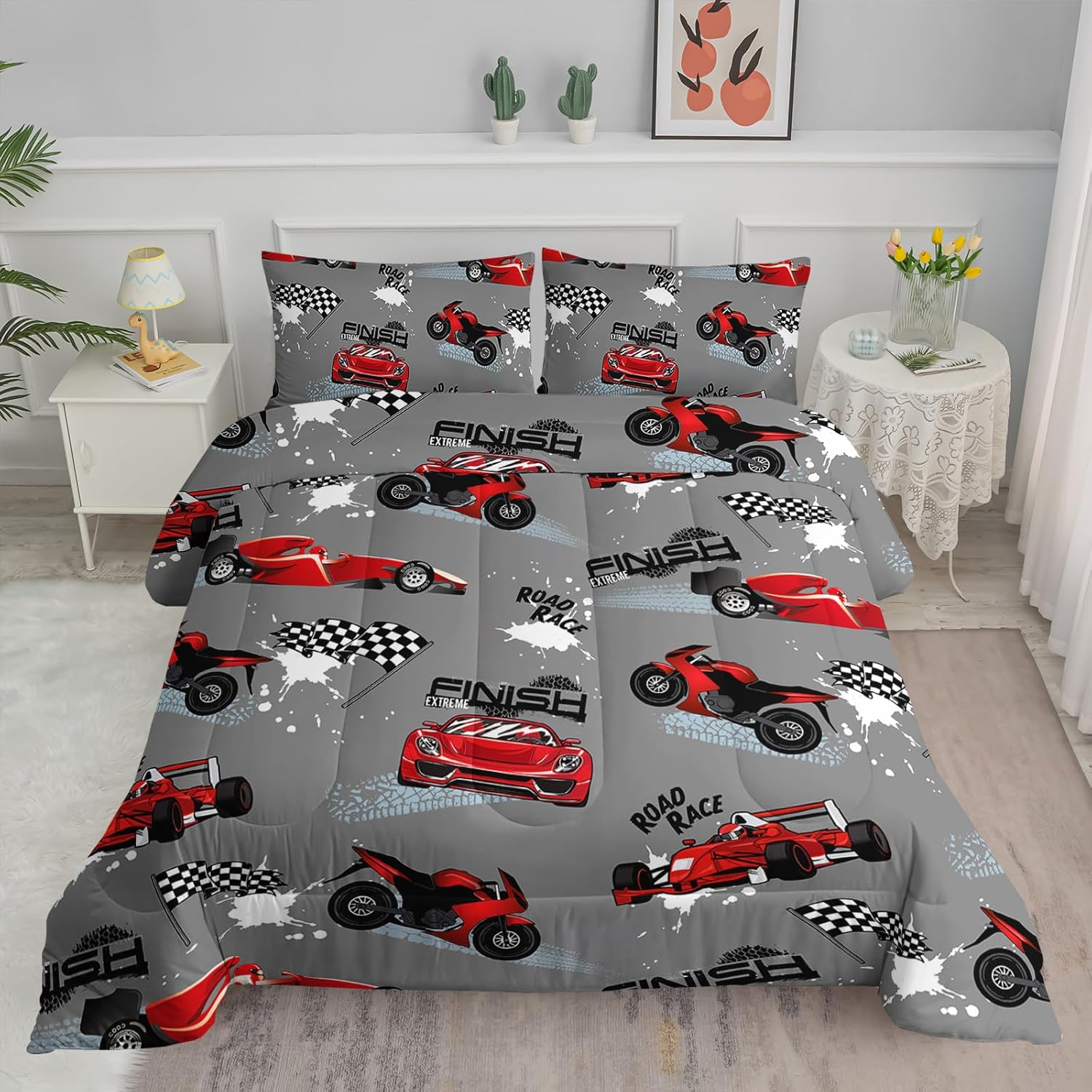 Axolotl Juego de edredón para niños, tamaño Queen, juego de ropa de cama de autos de carreras para niños, niñas, adolescentes, regalos de carreras