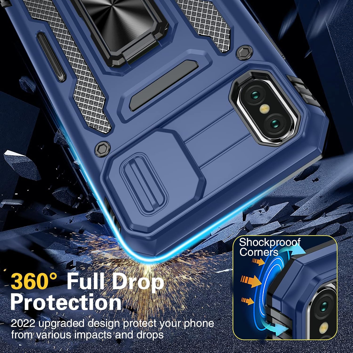 Oterkin Funda para iPhone X, iPhone Xs con cubierta deslizante para cámara y protector de pantalla de vidrio templado, soporte giratorio de 360,