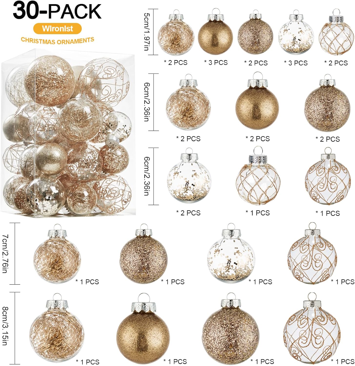 Wironlst Adornos de bola de Navidad inastillables de plástico transparente grande, juego de bolas decorativas con relleno delicadas decoraciones
