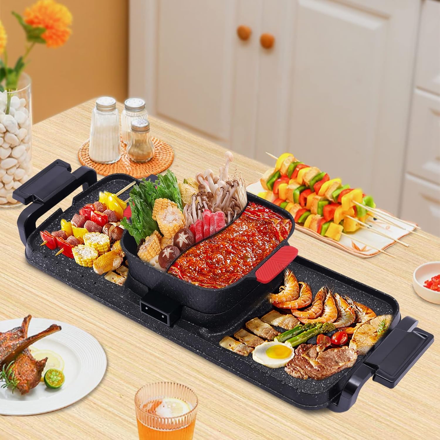 2 en 1 olla caliente olla eléctrica de gran capacidad bandeja para hornear con parrilla interior coreana barbacoa control de temperatura sin humo
