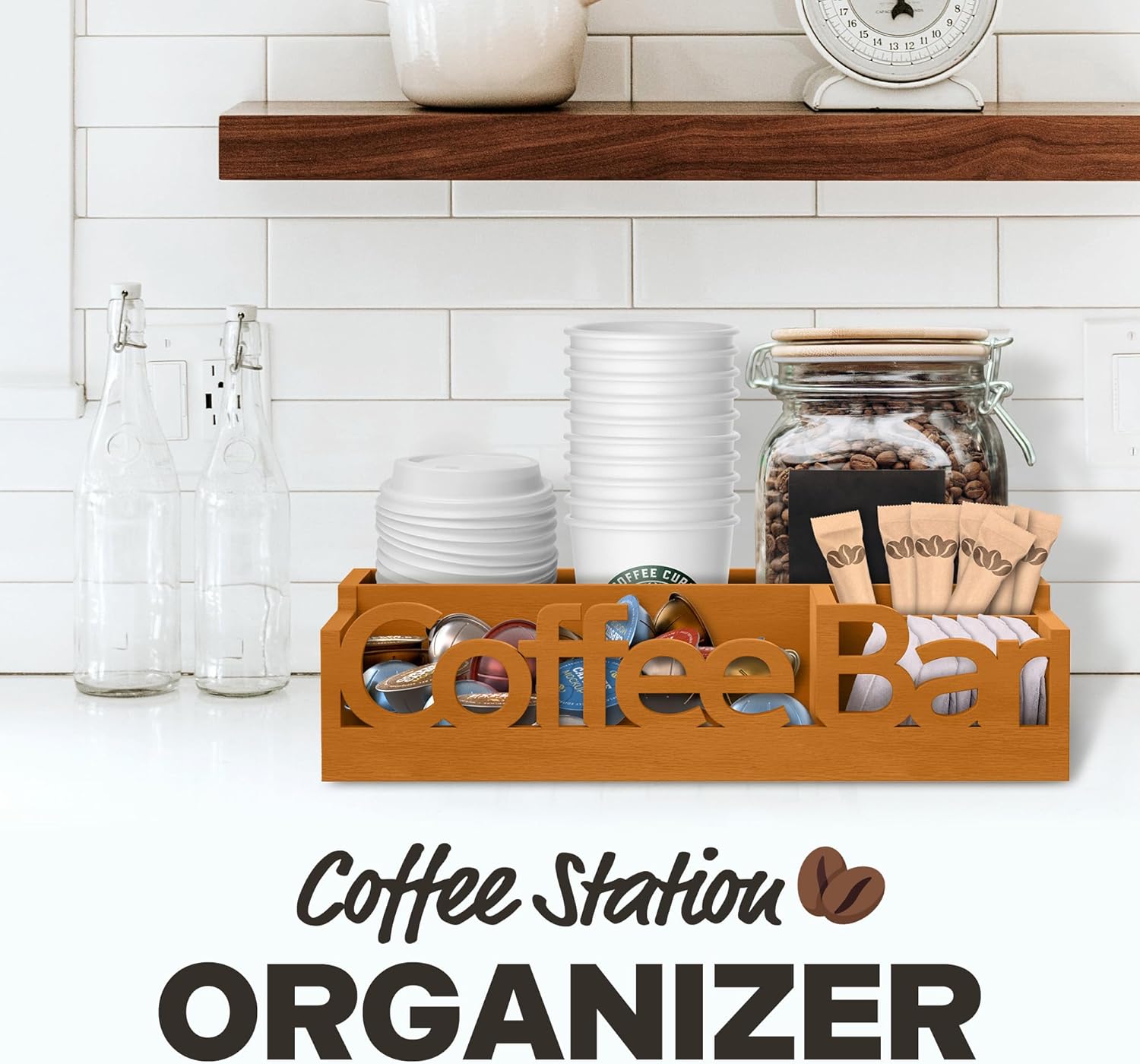 Organizador de estación de café, organizador de café de madera para oficina y hogar, organizador de estación de café para encimera, organizador de